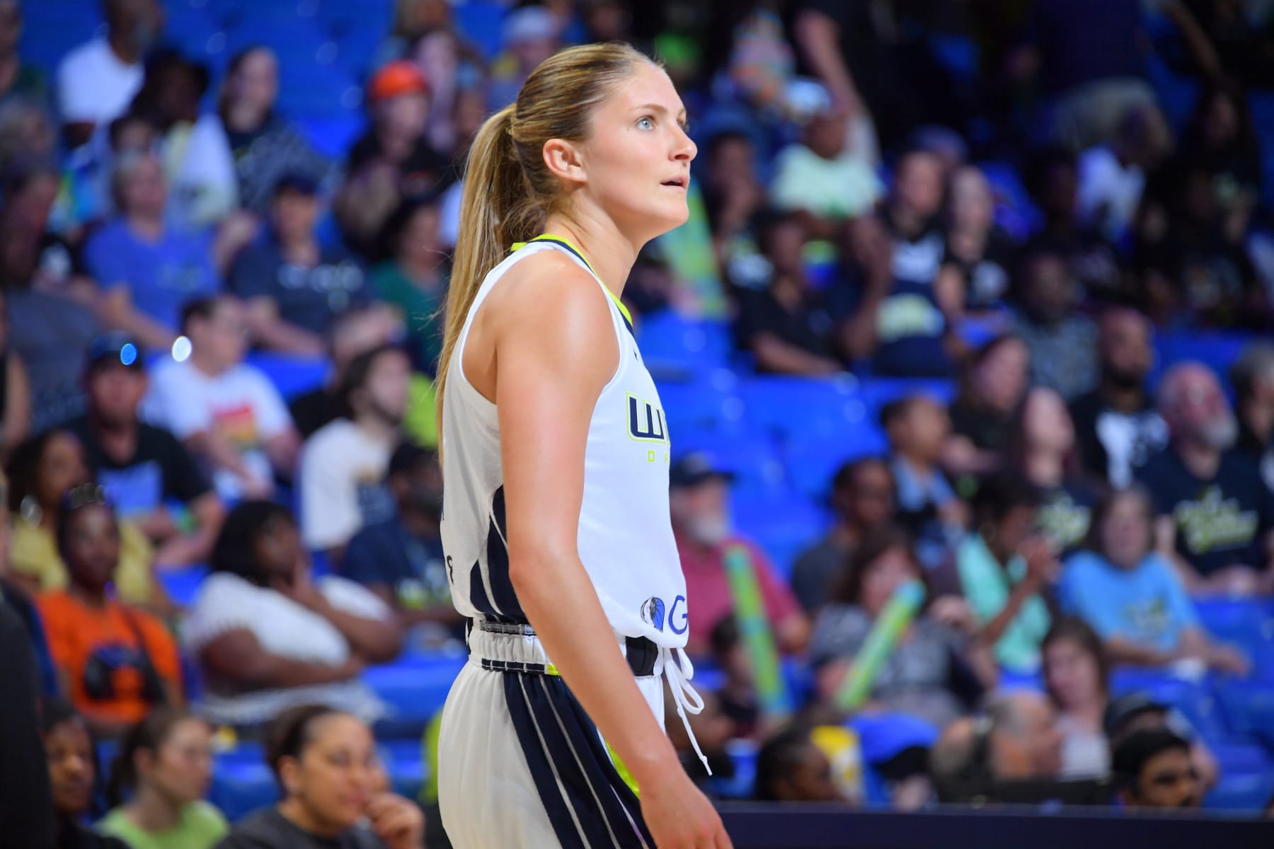 ARLINGTON, TX -  JUNE 13: Jacy Sheldon #4 of the Dallas Wings looks on during the game against the Seattle Storm during the 2024 WNBA Commissioner's Cup Game on June13, 2024 at the College Park Center in Arlington, TX. NOTE TO USER: User expressly acknowledges and agrees that, by downloading and or using this photograph, User is consenting to the terms and conditions of the Getty Images License Agreement. Mandatory Copyright Notice: Copyright 2024 NBAE (Photo by Michael Gonzales/NBAE via Getty Images)