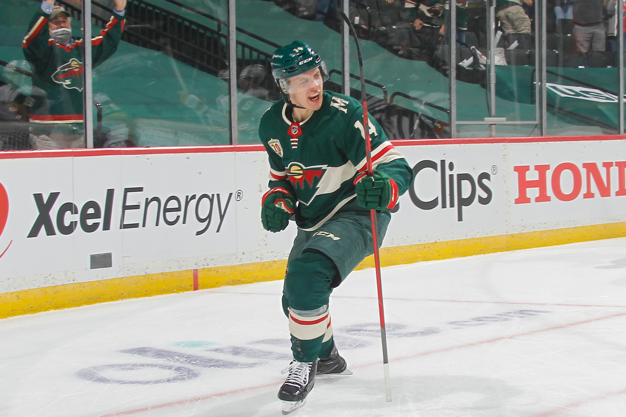 SAINT PAUL, MN - MAY 20: Joel Eriksson Ek #14 of the Minnesota Wild celebrates after scoring a goal against the Vegas Golden Knights during Game Three of the First Round of the 2021 Stanley Cup Playoffs at the Xcel Energy Center on May 20, 2021 in Saint Paul, Minnesota. (Photo by Bruce Kluckhohn/NHLI via Getty Images)