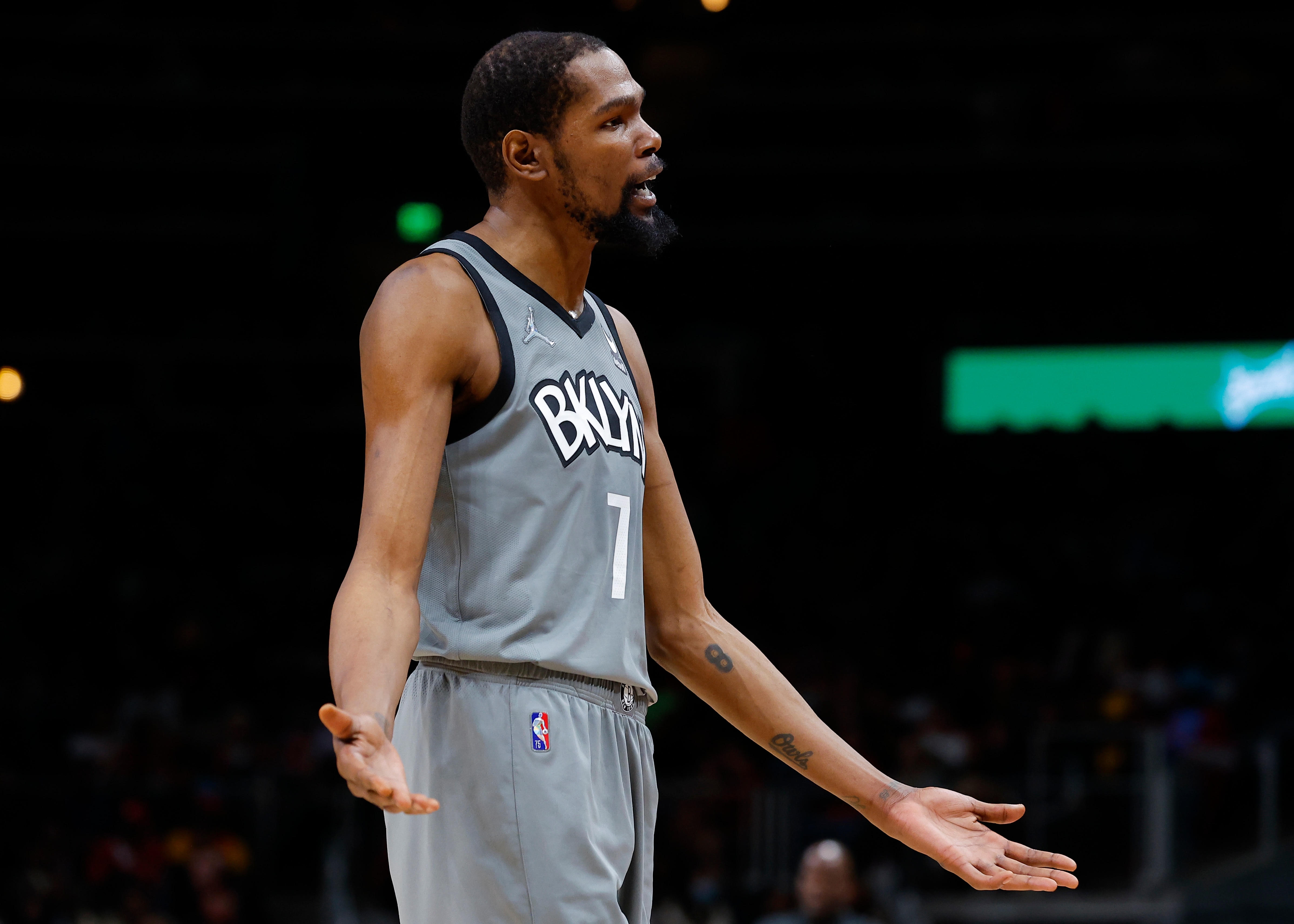 ATLANTA, GA - APRIL 02: Kevin Durant #7 of the Brooklyn Nets reacts during the second half against the Atlanta Hawks at State Farm Arena on April 2, 2022 in Atlanta, Georgia. NOTE TO USER: User expressly acknowledges and agrees that, by downloading and or using this photograph, User is consenting to the terms and conditions of the Getty Images License Agreement. (Photo by Todd Kirkland/Getty Images)