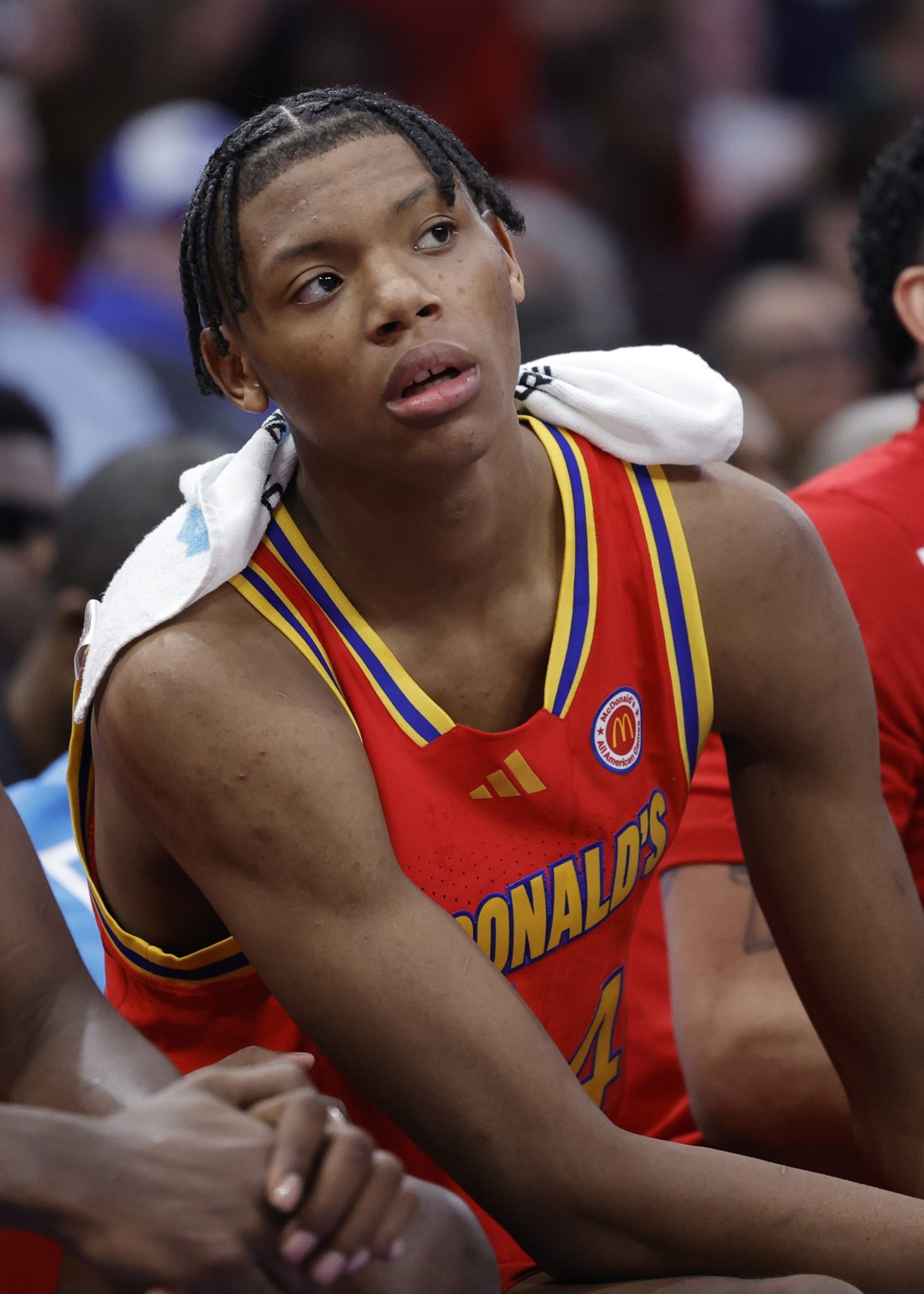 HOUSTON, TEXAS - APRIL 02: Ace Bailey #4 looks on during the first half of the mens 2024 McDonald's All American Game at Toyota Center on April 02, 2024 in Houston, Texas.  (Photo by Carmen Mandato/Getty Images)