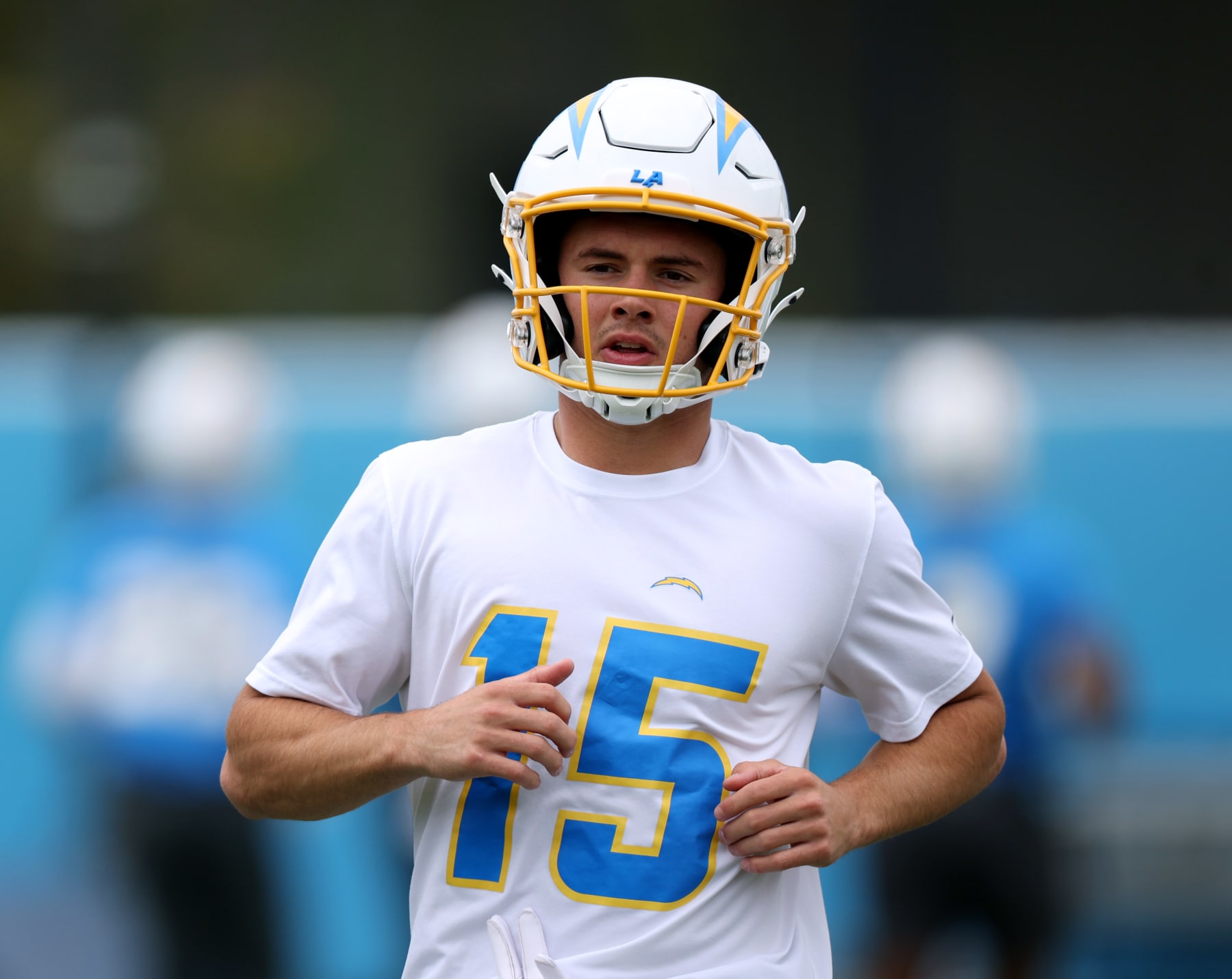 COSTA MESA, CALIFORNIA - MAY 20: Ladd McConkey #15 warms up during a Los Angeles Chargers OTA offseason workout on May 20, 2024 in Costa Mesa, California. (Photo by Harry How/Getty Images)