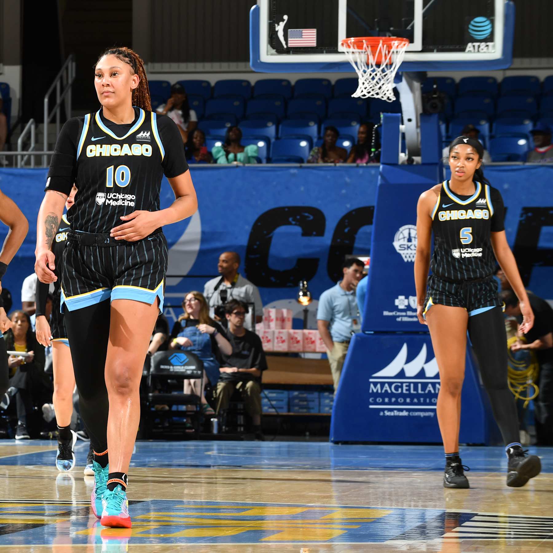 CHICAGO, IL -  JUNE 12: Kamilla Cardoso #10 and Angel Reese #5 of the Chicago Sky looks on during the game against the Connecticut Sun on June 12, 2024 at the Wintrust Arena in Chicago, IL. NOTE TO USER: User expressly acknowledges and agrees that, by downloading and or using this photograph, User is consenting to the terms and conditions of the Getty Images License Agreement. Mandatory Copyright Notice: Copyright 2024 NBAE (Photo by Randy Belice/NBAE via Getty Images)
