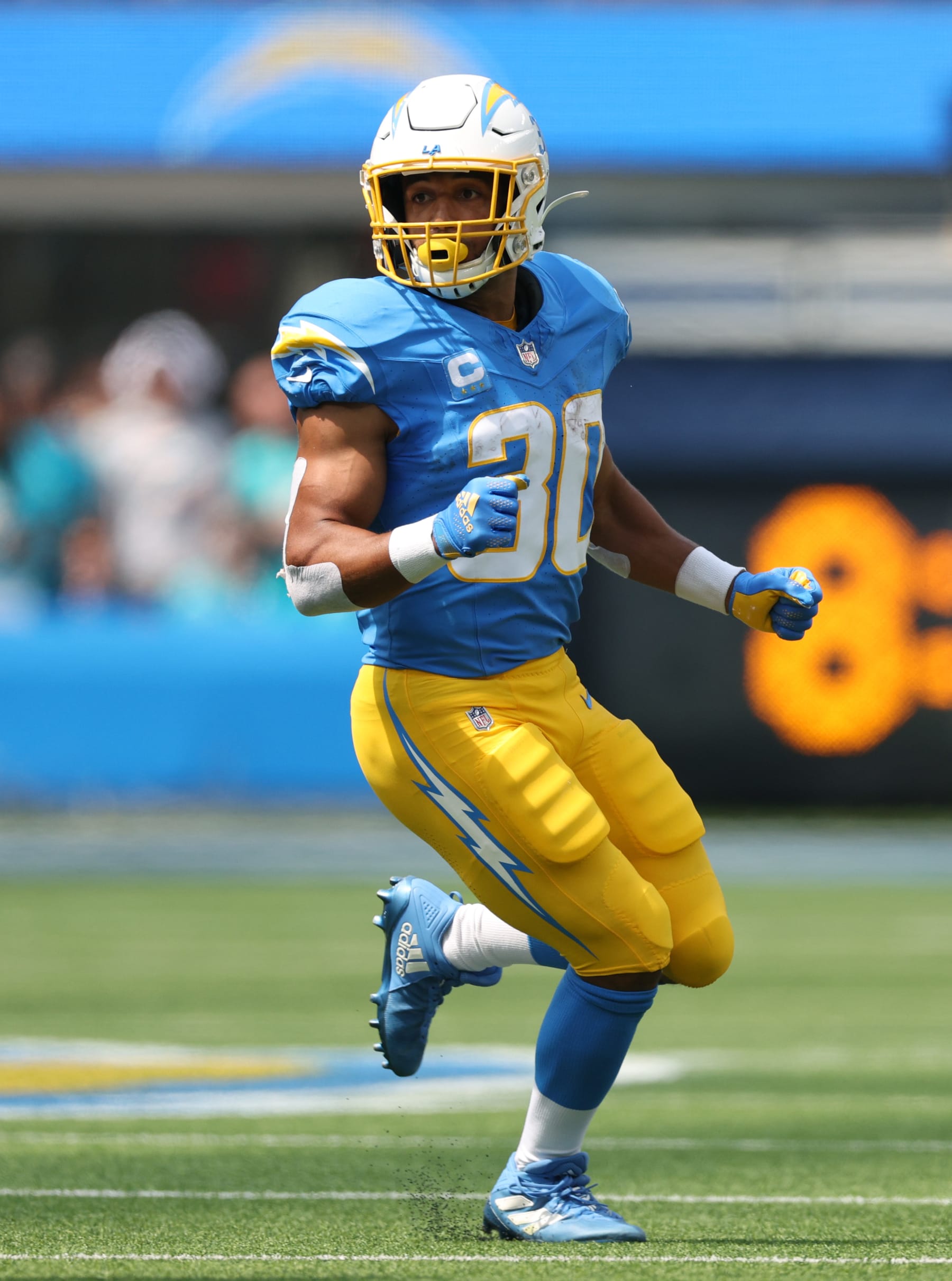 INGLEWOOD, CALIFORNIA - SEPTEMBER 10: Austin Ekeler #30 of the Los Angeles Chargers comes in motion during a 36-34 loss to the Miami Dolphins at SoFi Stadium on September 10, 2023 in Inglewood, California. (Photo by Harry How/Getty Images)
