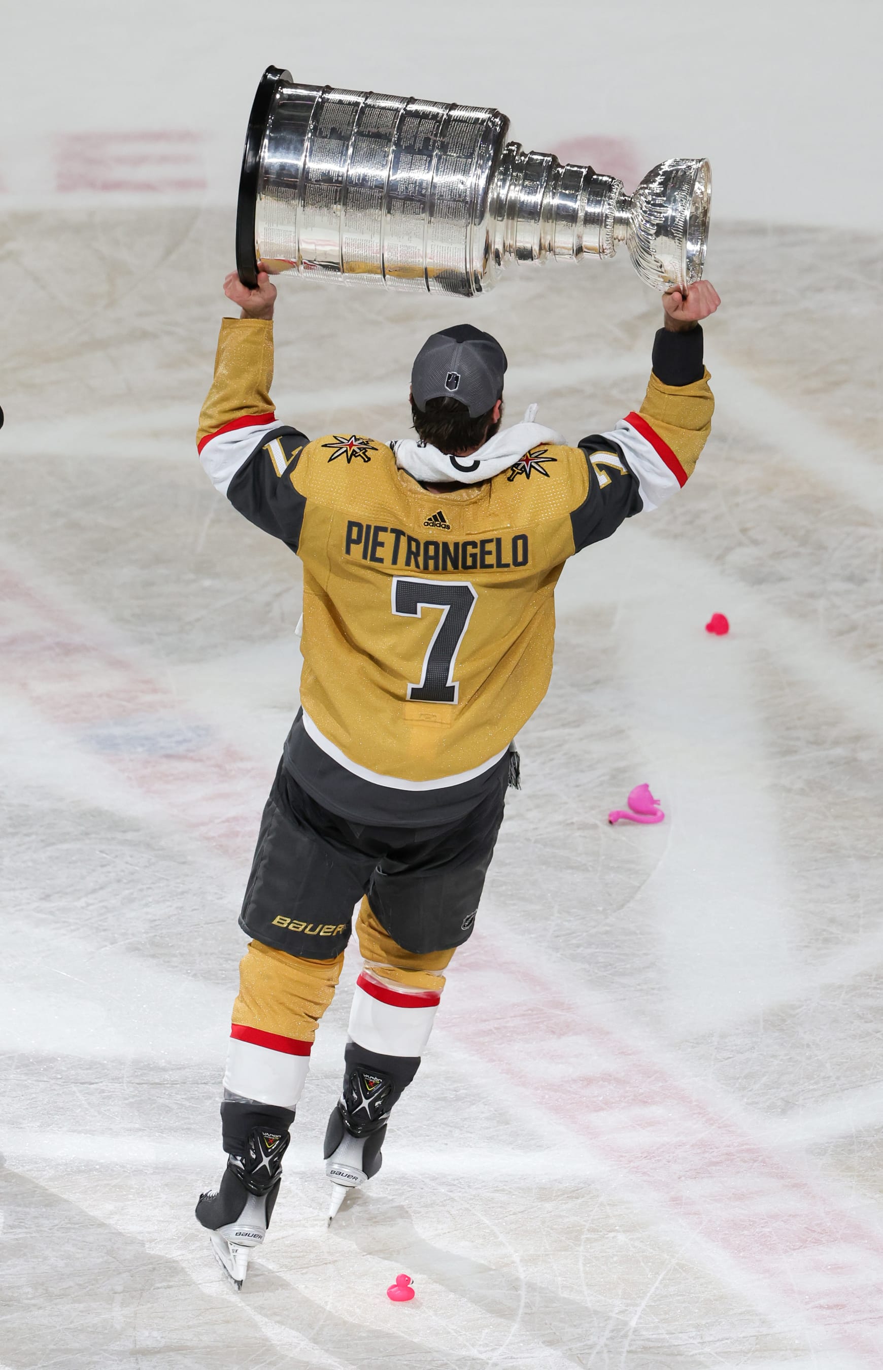 LAS VEGAS, NEVADA - JUNE 13: Alex Pietrangelo #7 of the Vegas Golden Knights hoists the Stanley Cup after the team's 9-3 victory over the Florida Panthers in Game Five of the 2023 NHL Stanley Cup Final at T-Mobile Arena on June 13, 2023 in Las Vegas, Nevada. The Golden Knights won the series four games to one. (Photo by Ethan Miller/Getty Images)