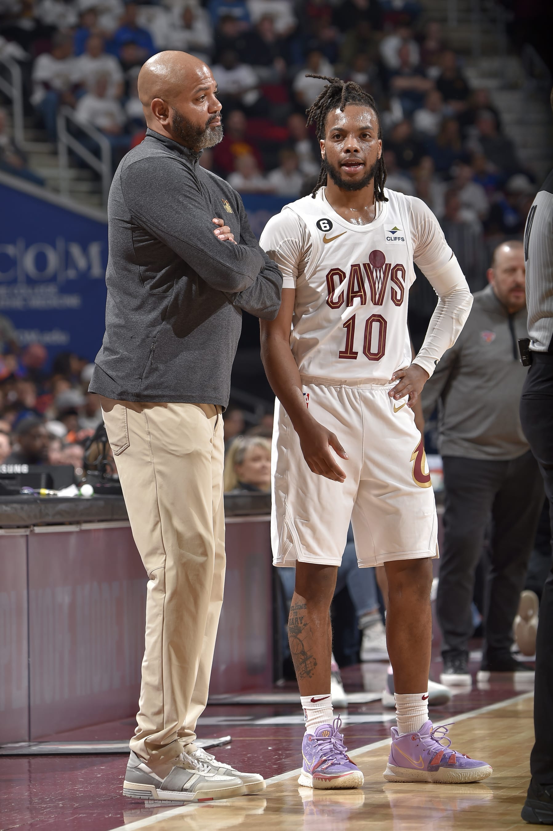 CLEVELAND, OH - APRIL 26: Darius Garland #10 and Head Coach John-Blair Bickerstaff of the Cleveland Cavaliers talk on the sideline during the game against the New York Knicks during round 1 Game 5 of the 2023 NBA Playoffs on April 26, 2023 at Rocket Mortgage FieldHouse in Cleveland, Ohio. NOTE TO USER: User expressly acknowledges and agrees that, by downloading and/or using this Photograph, user is consenting to the terms and conditions of the Getty Images License Agreement. Mandatory Copyright Notice: Copyright 2023 NBAE (Photo by David Liam Kyle/NBAE via Getty Images)