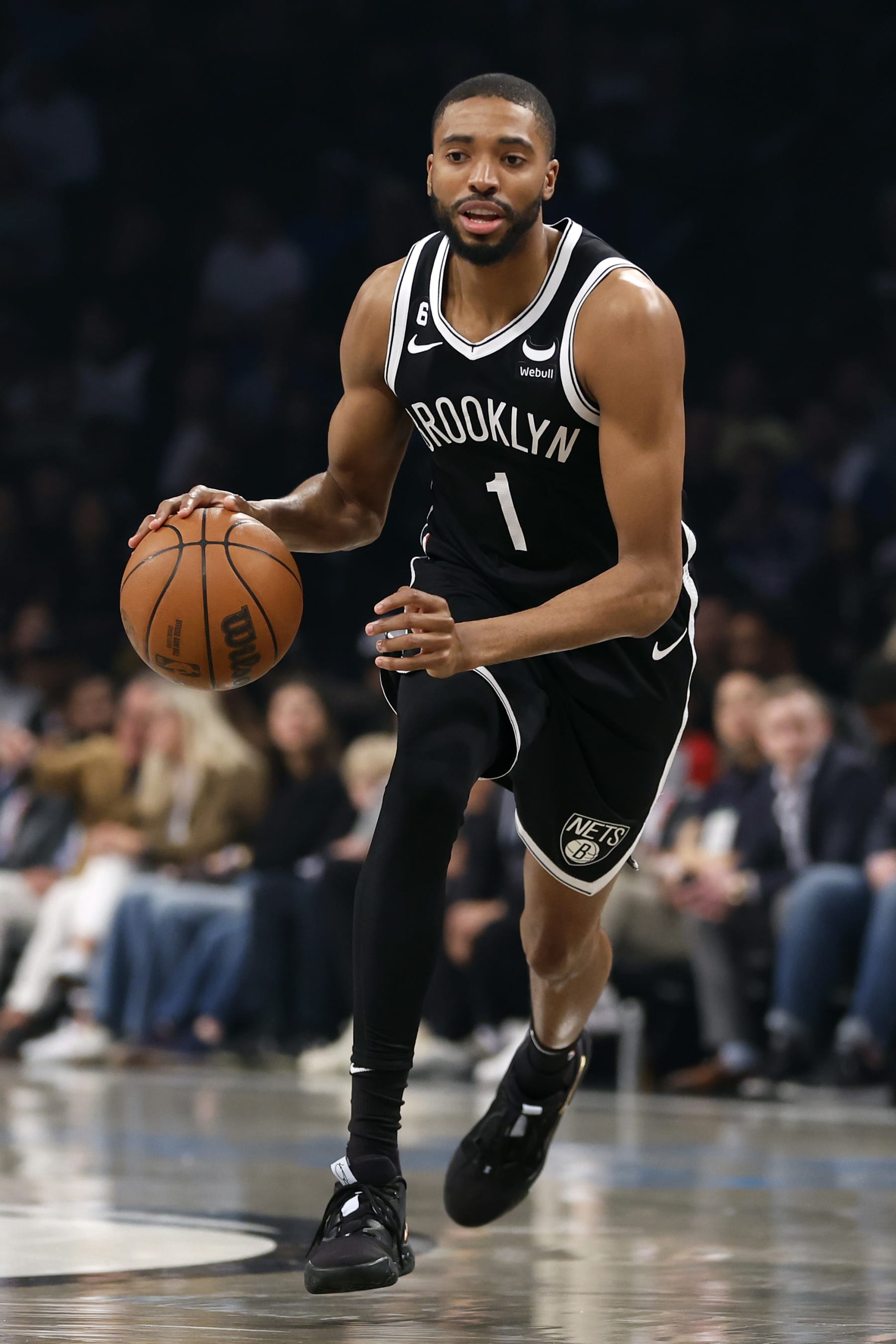 NEW YORK, NEW YORK - APRIL 22: Mikal Bridges #1 of the Brooklyn Nets dribbles against the Philadelphia 76ers during the first half of Game Four of the Eastern Conference First Round Playoffs at Barclays Center on April 22, 2023 in the Brooklyn borough of New York City. NOTE TO USER: User expressly acknowledges and agrees that, by downloading and or using this photograph, User is consenting to the terms and conditions of the Getty Images License Agreement. (Photo by Sarah Stier/Getty Images)