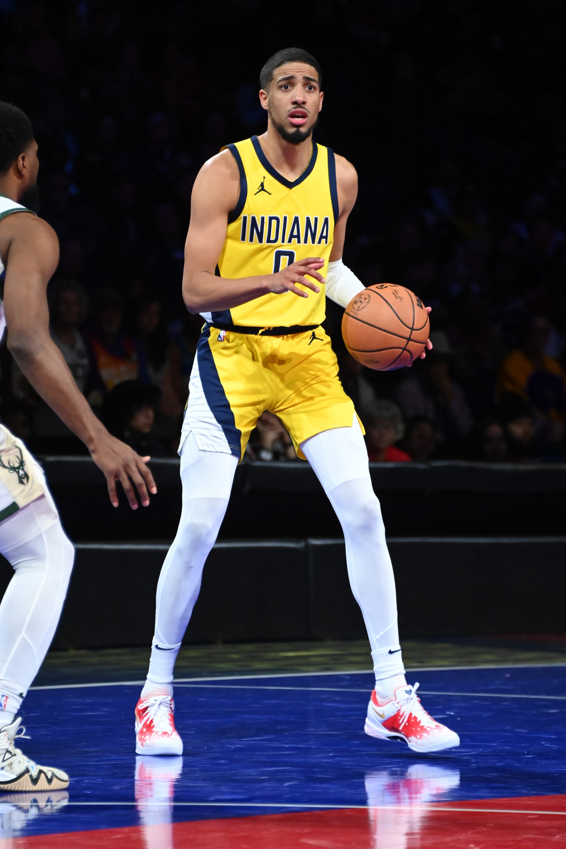 LAS VEGAS, NV - DECEMBER 7: Tyrese Haliburton #0 of the Indiana Pacers dribbles the ball during the game against the Milwaukee Bucks during the semifinals of the In-Season Tournament on December 7, 2023 at T-Mobile Arena in Las Vegas, Nevada. NOTE TO USER: User expressly acknowledges and agrees that, by downloading and or using this photograph, User is consenting to the terms and conditions of the Getty Images License Agreement. Mandatory Copyright Notice: Copyright 2023 NBAE (Photo by Andrew D. Bernstein/NBAE via Getty Images)