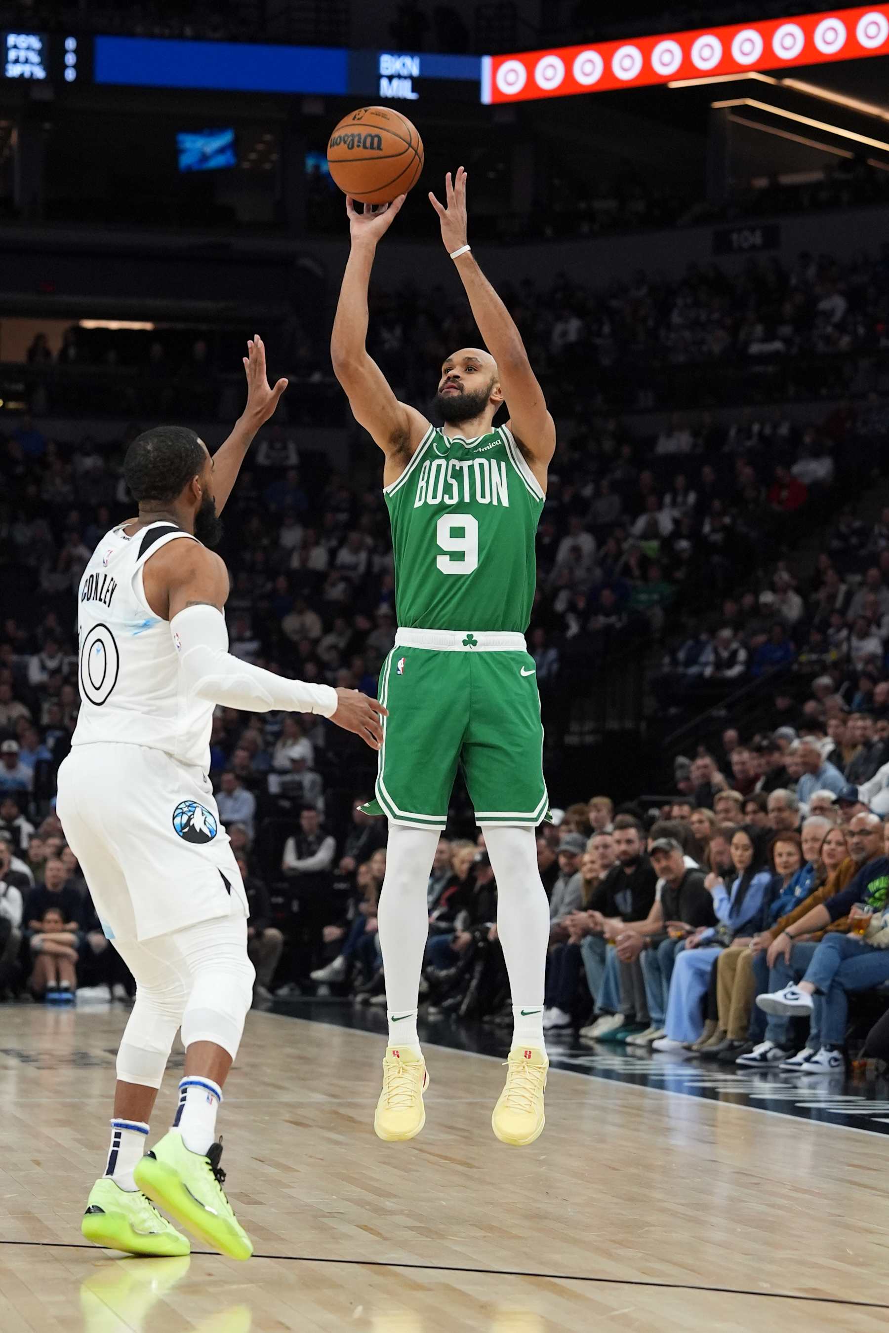 MINNEAPOLIS, MN -  JANUARY 2:  Derrick White #9 of the Boston Celtics shoots the ball during the game against the Minnesota Timberwolves on January 2, 2025 at Target Center in Minneapolis, Minnesota. NOTE TO USER: User expressly acknowledges and agrees that, by downloading and or using this Photograph, user is consenting to the terms and conditions of the Getty Images License Agreement. Mandatory Copyright Notice: Copyright 2025 NBAE (Photo by Jordan Johnson/NBAE via Getty Images)