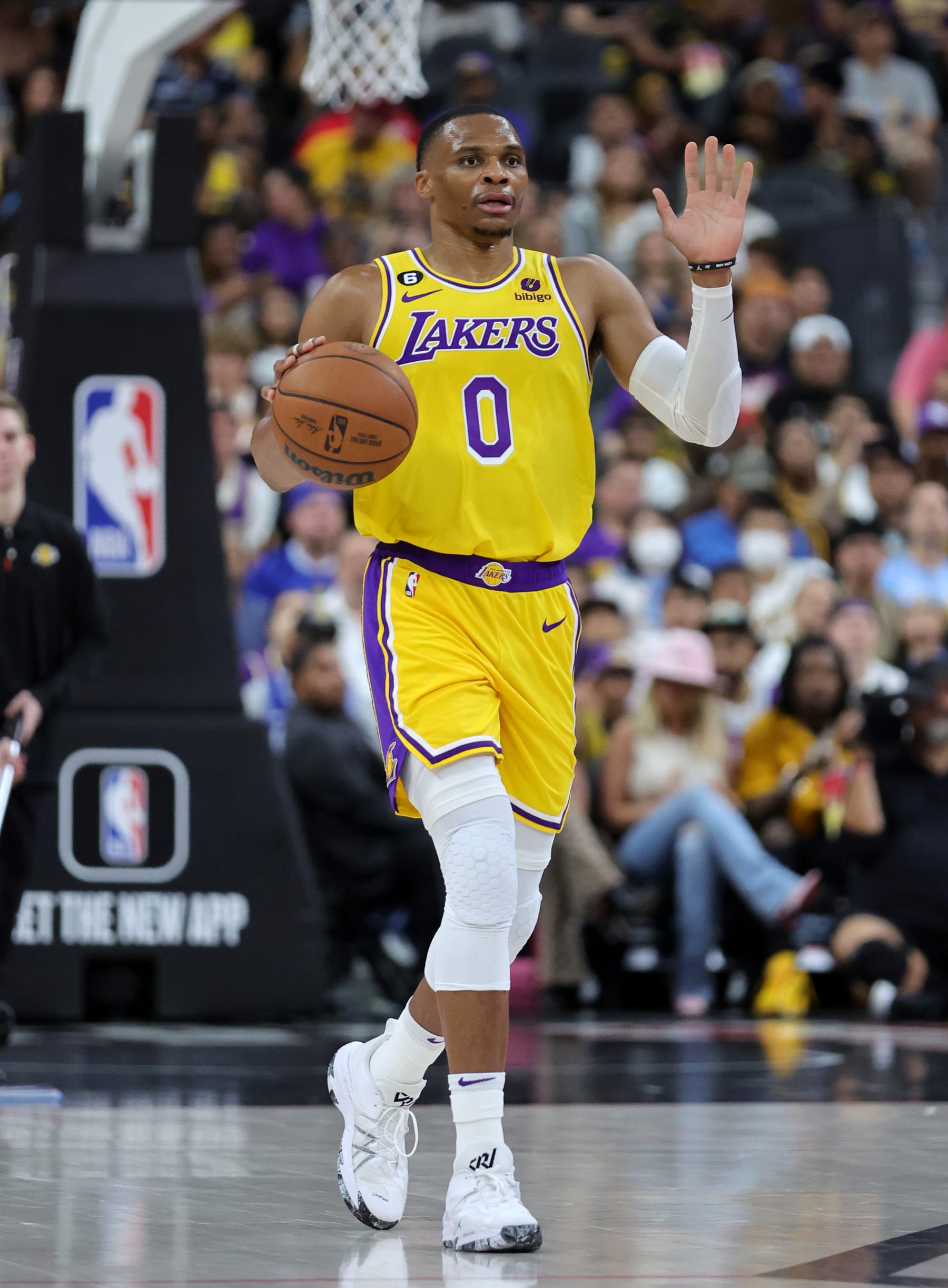 LAS VEGAS, NEVADA - OCTOBER 05: Russell Westbrook #0 of the Los Angeles Lakers brings the ball up the court against the Phoenix Suns in the first quarter of their preseason game at T-Mobile Arena on October 05, 2022 in Las Vegas, Nevada. The Suns defeated the Lakers 119-115. NOTE TO USER: User expressly acknowledges and agrees that, by downloading and or using this photograph, User is consenting to the terms and conditions of the Getty Images License Agreement. (Photo by Ethan Miller/Getty Images)