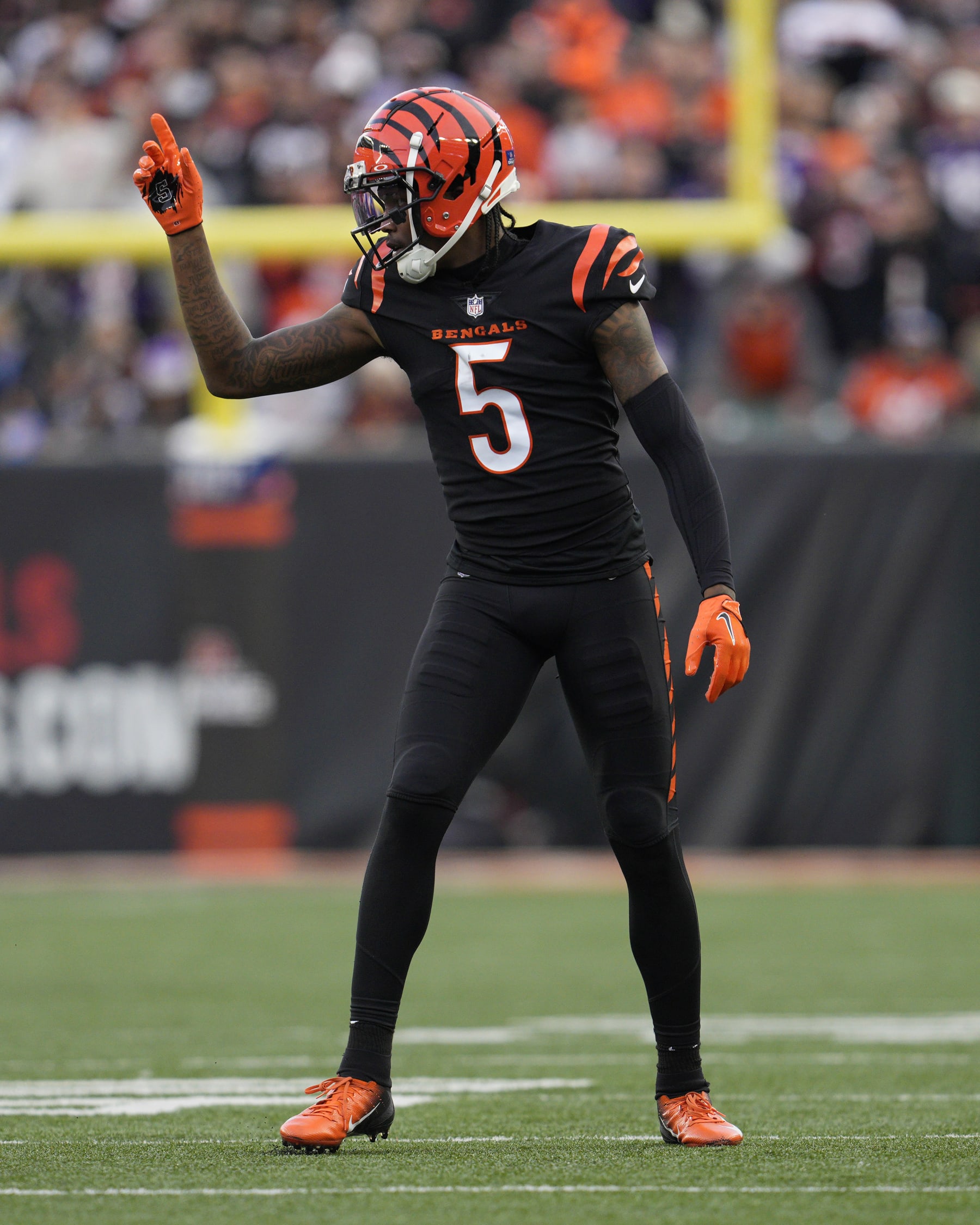 CINCINNATI, OHIO - DECEMBER 16: Tee Higgins #5 of the Cincinnati Bengals gestures during a NFL football game against the Minnesota Vikings at Paycor Stadium on December 16, 2023 in Cincinnati, Ohio. (Photo by Jeff Dean/Getty Images)