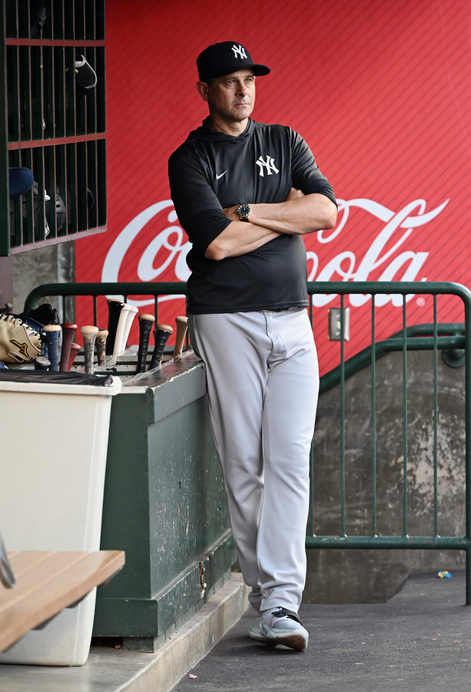 ANAHEIM, CA - AUGUST 31: New York Yankees manager Aaron Boone (17) in the dugout before the start of an MLB baseball game against the Los Angeles Angels played on August 31, 2022 at Angel Stadium in Anaheim, CA. (Photo by John Cordes/Icon Sportswire via Getty Images)