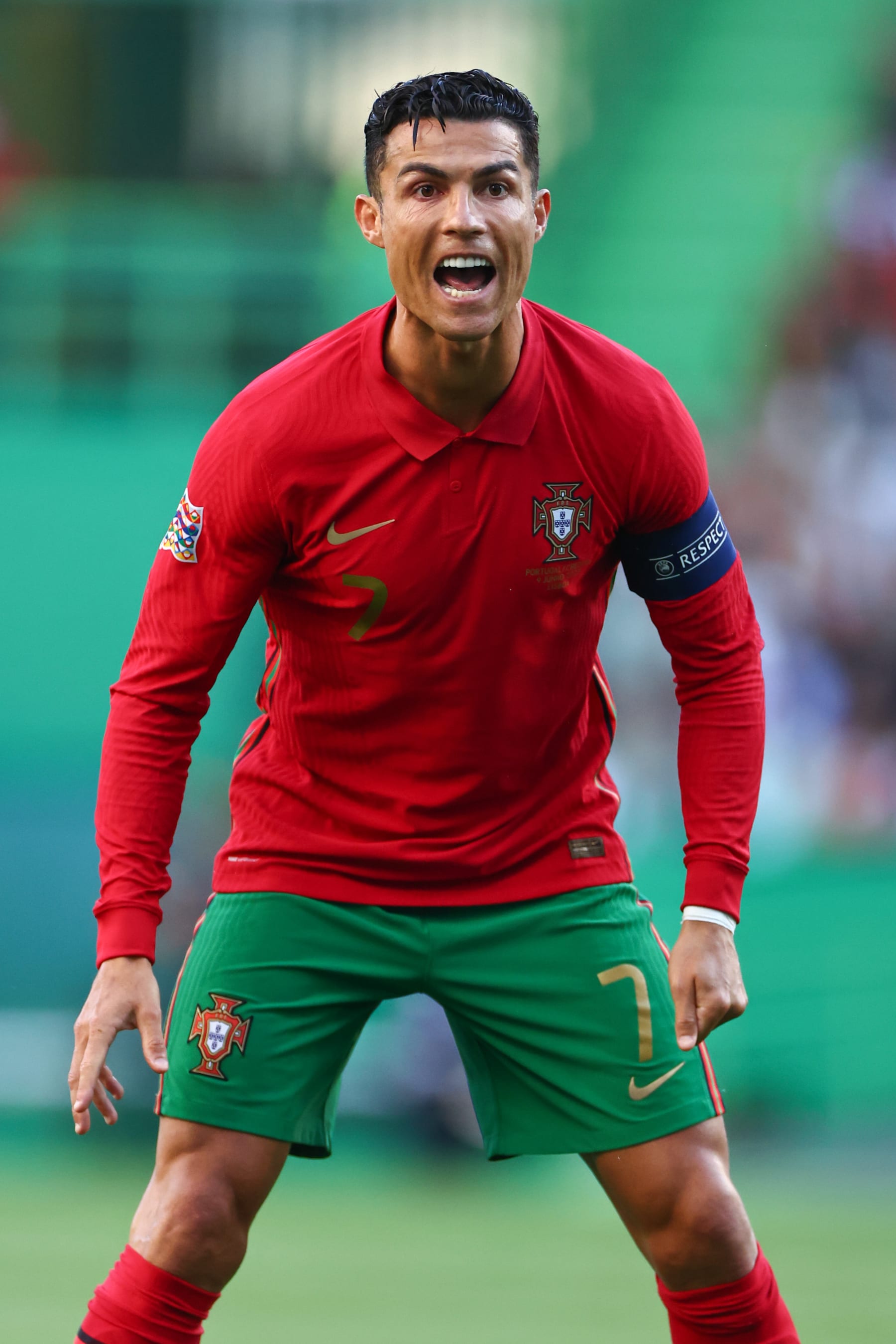 LISBON, PORTUGAL - JUNE 09: Cristiano Ronaldo of Portugal during the UEFA Nations League League A Group 2 match between Portugal and Czech Republic at Estadio Jose Alvalade on June 9, 2022 in Lisbon, Portugal. (Photo by Robbie Jay Barratt - AMA/Getty Images)