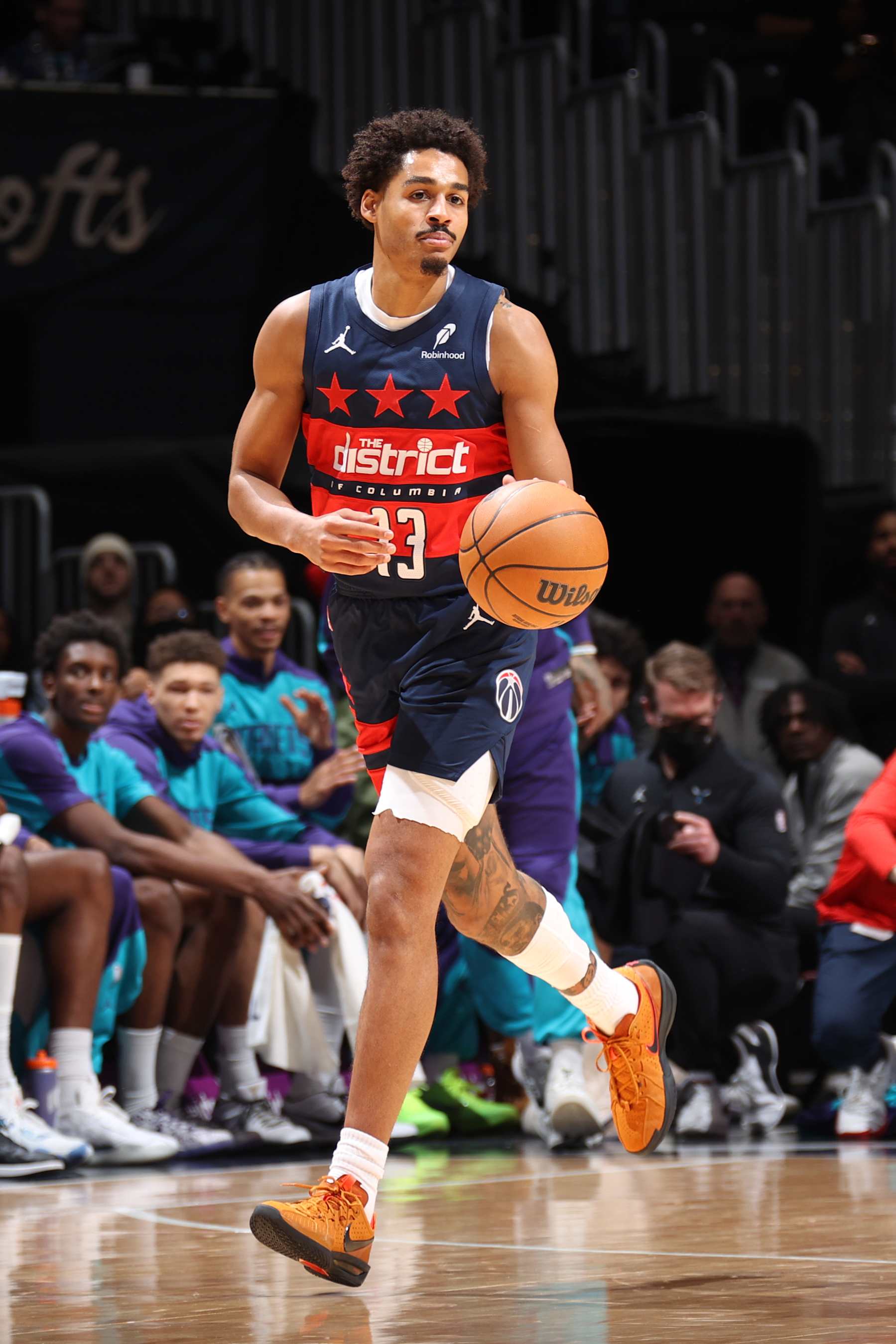 WASHINGTON, DC -  DECEMBER 26: Jordan Poole #13 of the Washington Wizards dribbles the ball during the game against the Charlotte Hornets on December 26, 2024 at Capital One Arena in Washington, DC. NOTE TO USER: User expressly acknowledges and agrees that, by downloading and or using this Photograph, user is consenting to the terms and conditions of the Getty Images License Agreement. Mandatory Copyright Notice: Copyright 2024 NBAE (Photo by Stephen Gosling/NBAE via Getty Images)