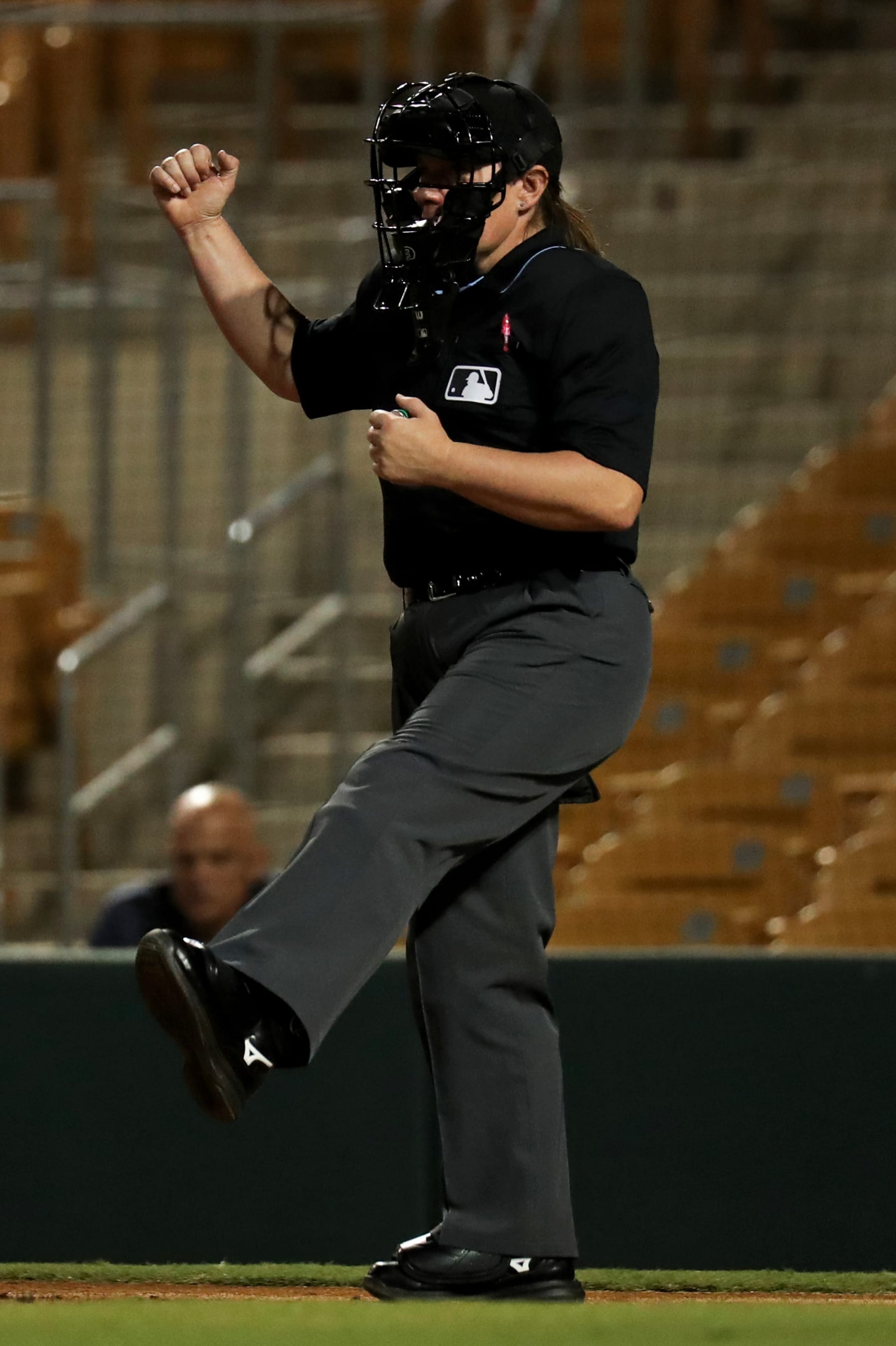 GLENDALE, AZ - OCTOBER 05: Jen Pawol the home plate umpires calls for a third strike during the game between the Scottsdale Scorpions and the Glendale Desert Dogs at Camelback Ranch on Thursday, October 5, 2023 in Glendale, Arizona. (Photo by Zachary BonDurant/MLB Photos via Getty Images)
