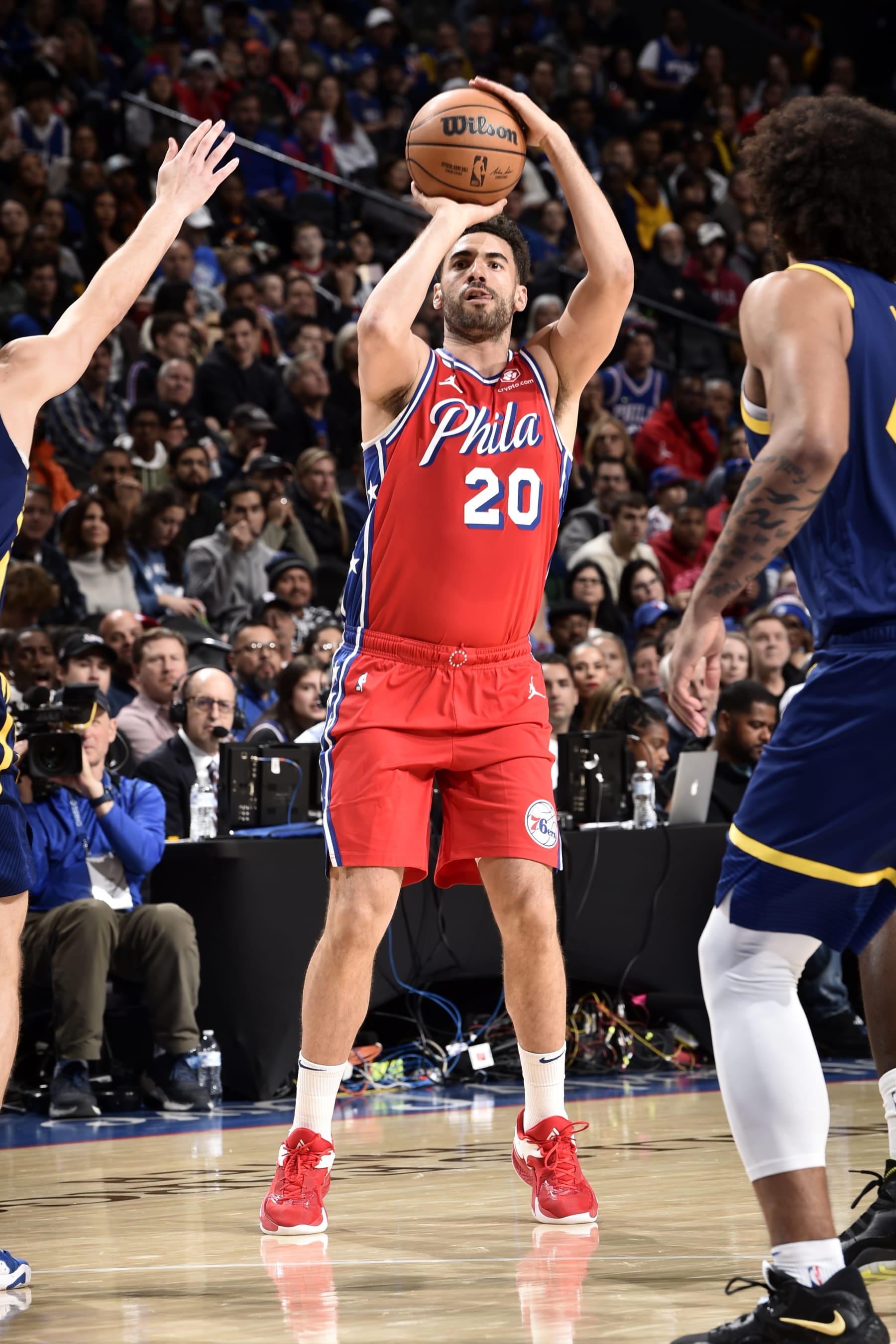 PHILADELPHIA, PA - DECEMBER 16: Georges Niang #20 of the Philadelphia 76ers shoots a three point basket during the game against the Golden State Warriors on December 16, 2022 at the Wells Fargo Center in Philadelphia, Pennsylvania NOTE TO USER: User expressly acknowledges and agrees that, by downloading and/or using this Photograph, user is consenting to the terms and conditions of the Getty Images License Agreement. Mandatory Copyright Notice: Copyright 2022 NBAE (Photo by David Dow/NBAE via Getty Images)