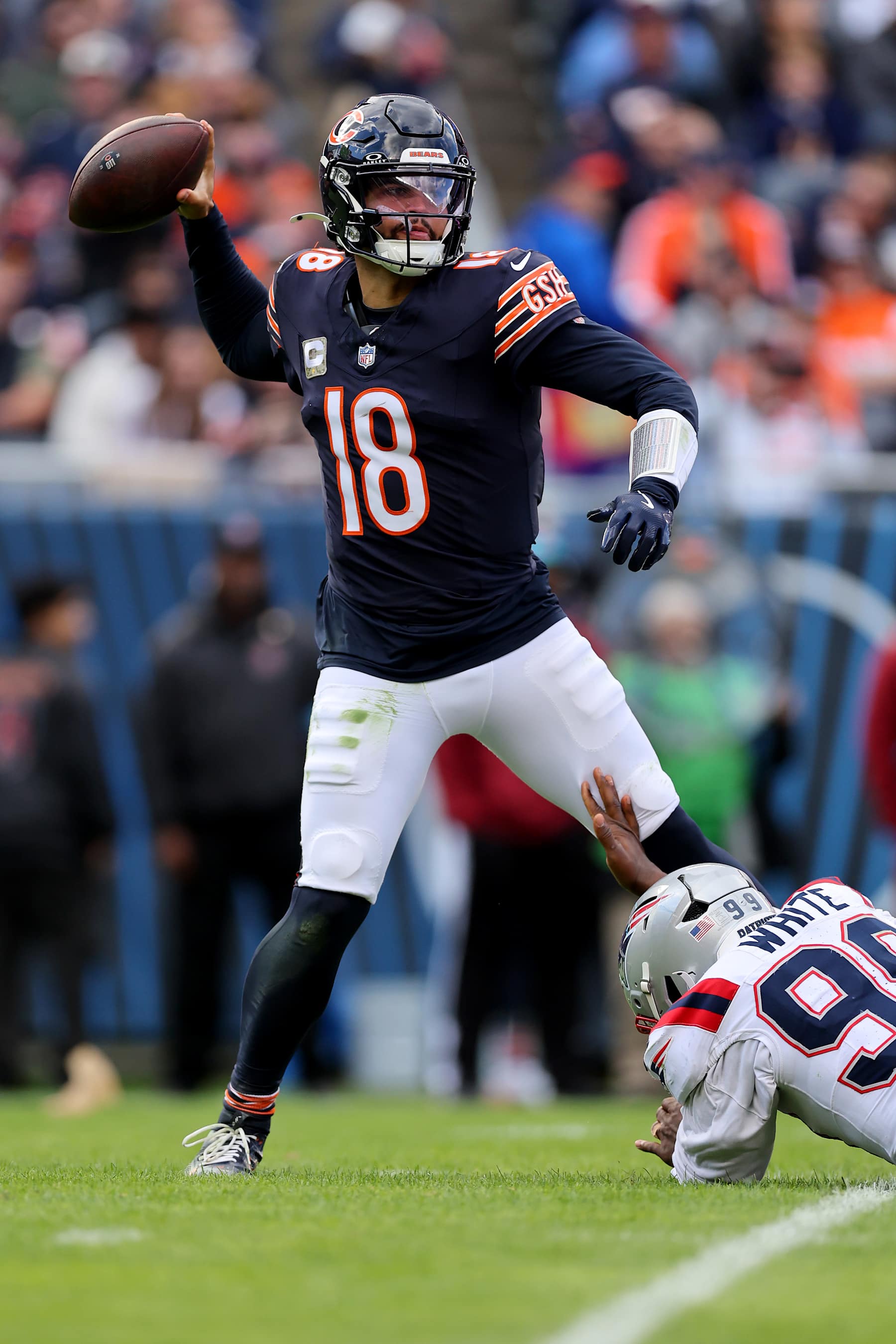CHICAGO, ILLINOIS - NOVEMBER 10: Caleb Williams #18 of the Chicago Bears passes the ball against the New England Patriots during the second quarter at Soldier Field on November 10, 2024 in Chicago, Illinois. (Photo by Michael Reaves/Getty Images)