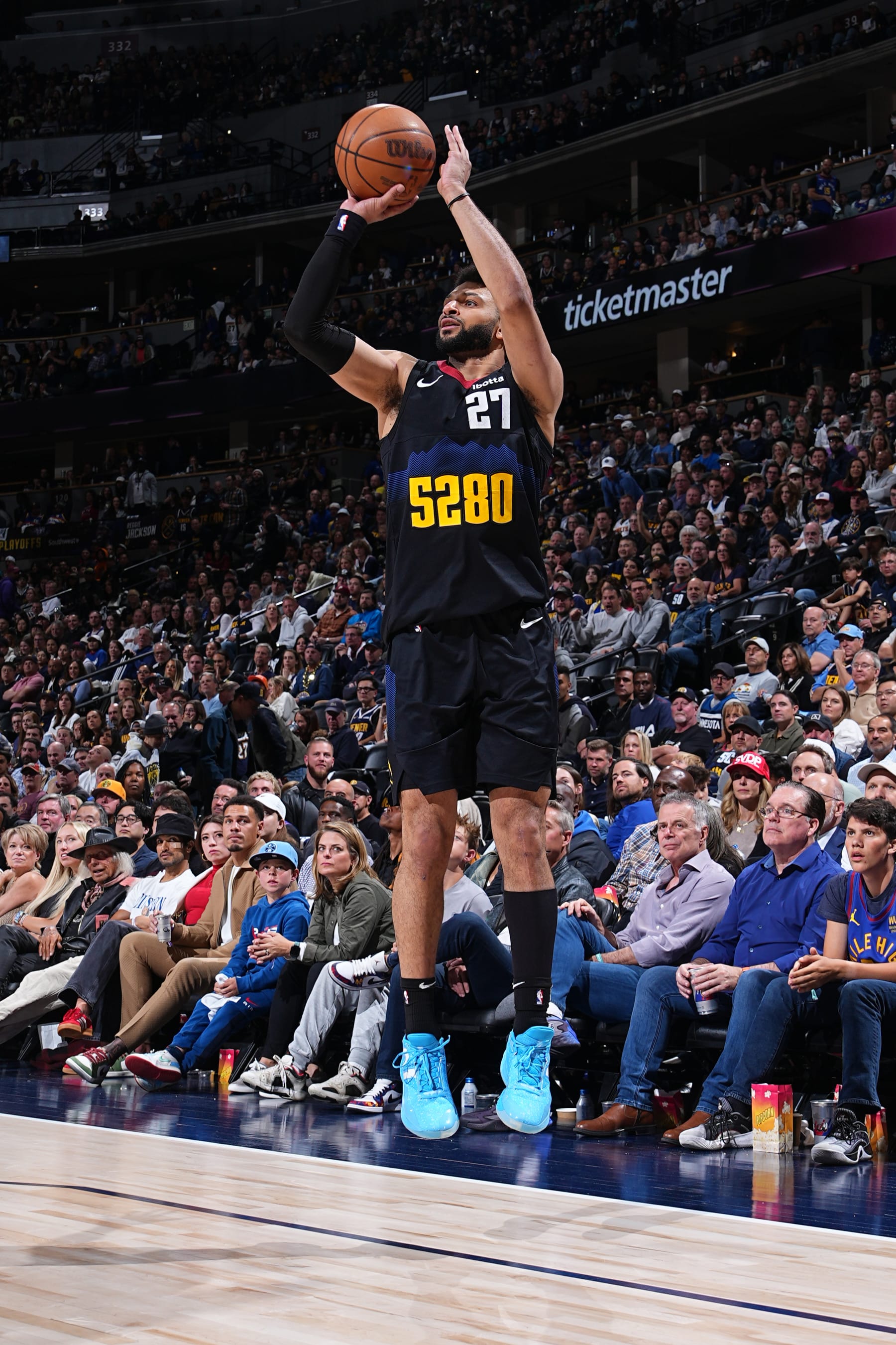 DENVER, CO - MAY 6: Jamal Murray #27 of the Denver Nuggets shoots the ball during the game against the Minnesota Timberwolves during Round 2 Game 2 of the 2024 NBA Playoffs on May 6, 2024 at the Ball Arena in Denver, Colorado. NOTE TO USER: User expressly acknowledges and agrees that, by downloading and/or using this Photograph, user is consenting to the terms and conditions of the Getty Images License Agreement. Mandatory Copyright Notice: Copyright 2024 NBAE (Photo by Garrett Ellwood/NBAE via Getty Images)