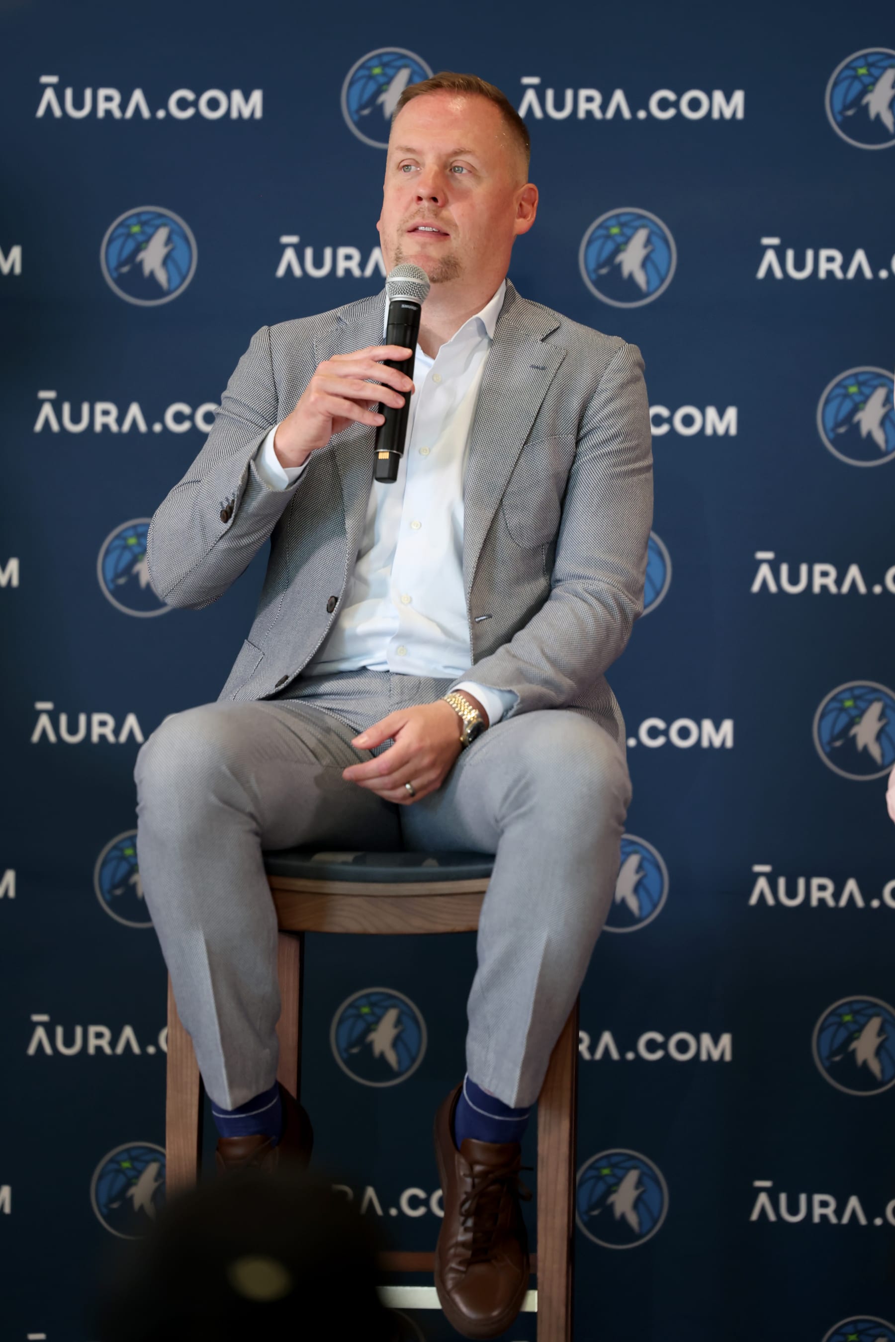 MINNEAPOLIS, MN - JUNE 26: General Manager Tim Connelly of the Minnesota Timberwolves talks to the press on June 26, 2023 at Mayo Clinic Square in Minneapolis, Minnesota.  NOTE TO USER:  User expressly acknowledges and agrees that, by downloading and or using this Photograph, user is consenting to the terms and conditions of the Getty Images License Agreement. Mandatory Copyright Notice: Copyright 2023 NBAE (Photo by David Sherman/NBAE via Getty Images)
