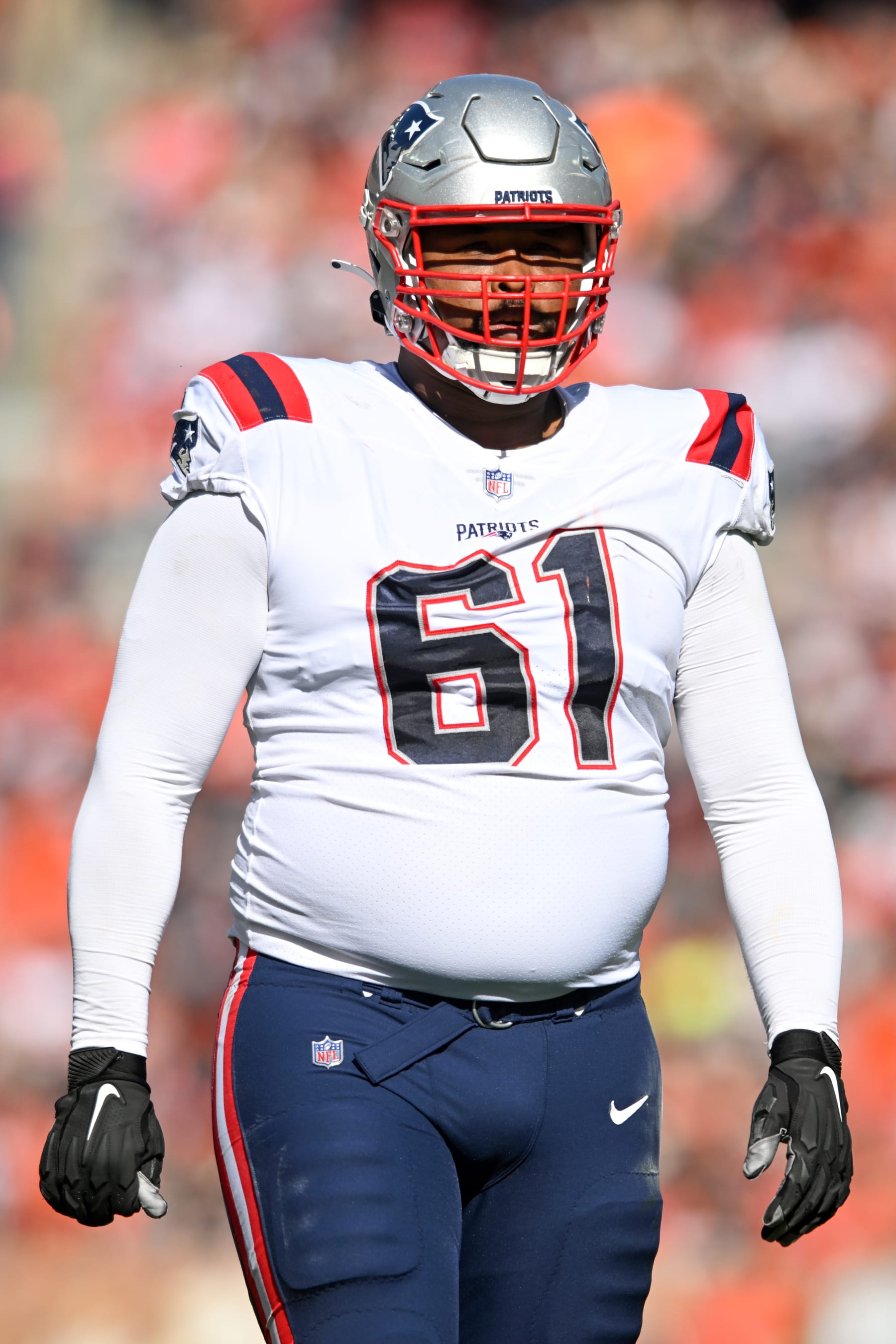 CLEVELAND, OH - OCTOBER 16: Marcus Cannon #61 of the New England Patriots walks off the field at halftime against the Cleveland Browns at FirstEnergy Stadium on October 16, 2022 in Cleveland, Ohio. (Photo by Nick Cammett/Diamond Images via Getty Images)