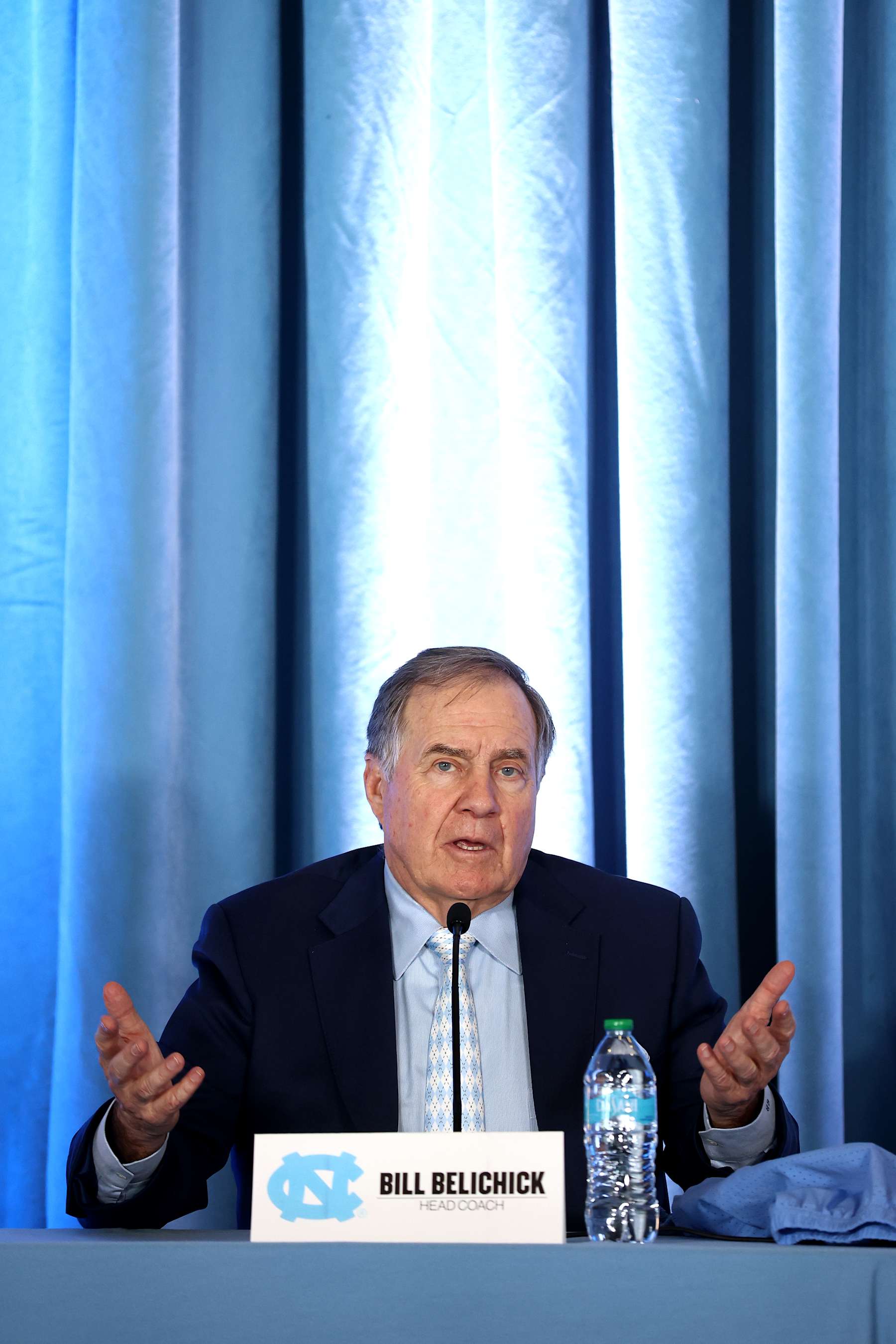 CHAPEL HILL, NORTH CAROLINA - DECEMBER 12: Head Coach Bill Belichick of the North Carolina Tar Heels speaks to the media during a press conference on December 12, 2024 in Chapel Hill, North Carolina. (Photo by Jared C. Tilton/Getty Images)