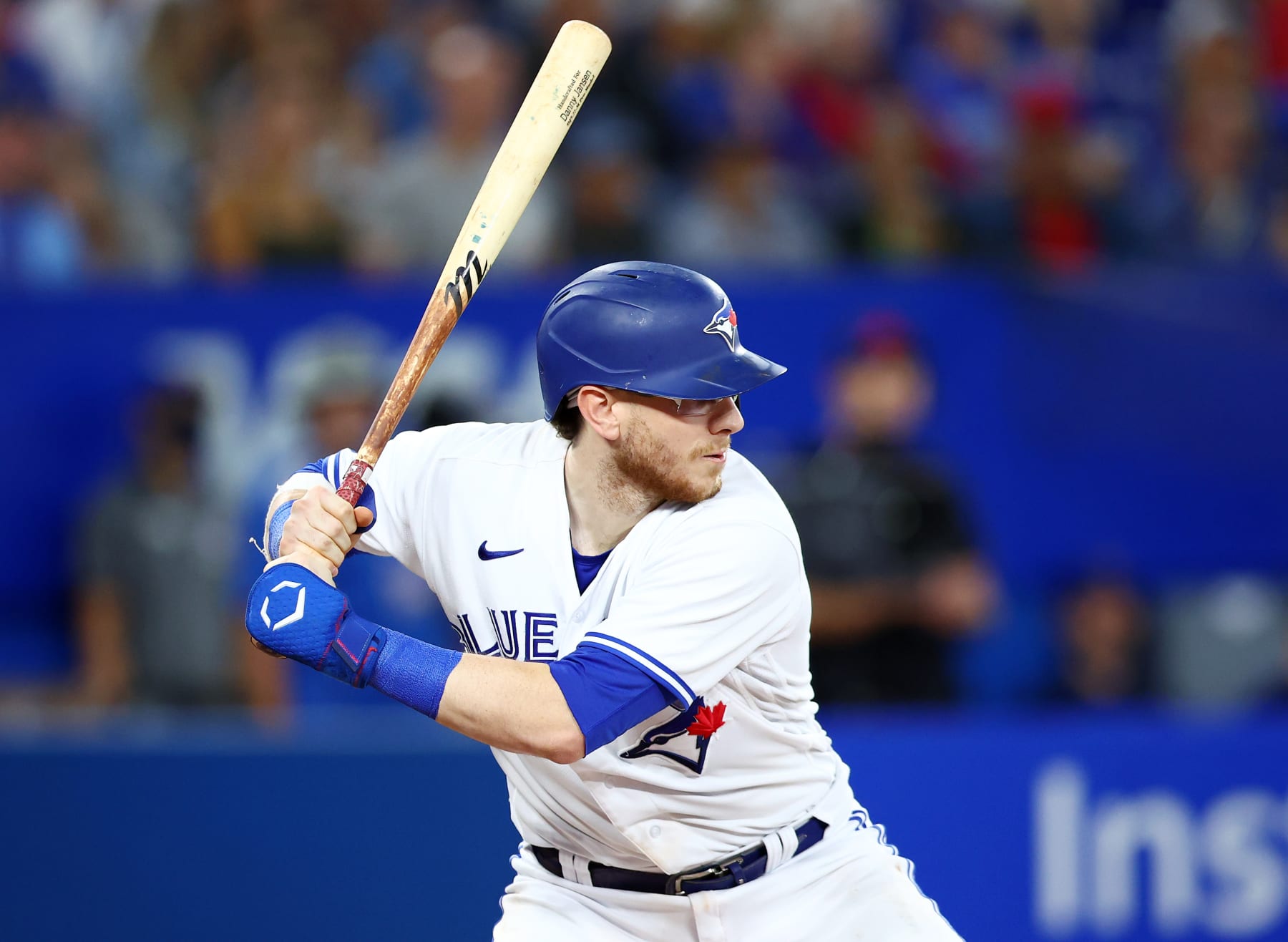 TORONTO, ON - SEPTEMBER 13:  Danny Jansen #9 of the Toronto Blue Jays bats during game one of a doubleheader against the Tampa Bay Rays at Rogers Centre on September 13, 2022 in Toronto, Ontario, Canada.  (Photo by Vaughn Ridley/Getty Images)