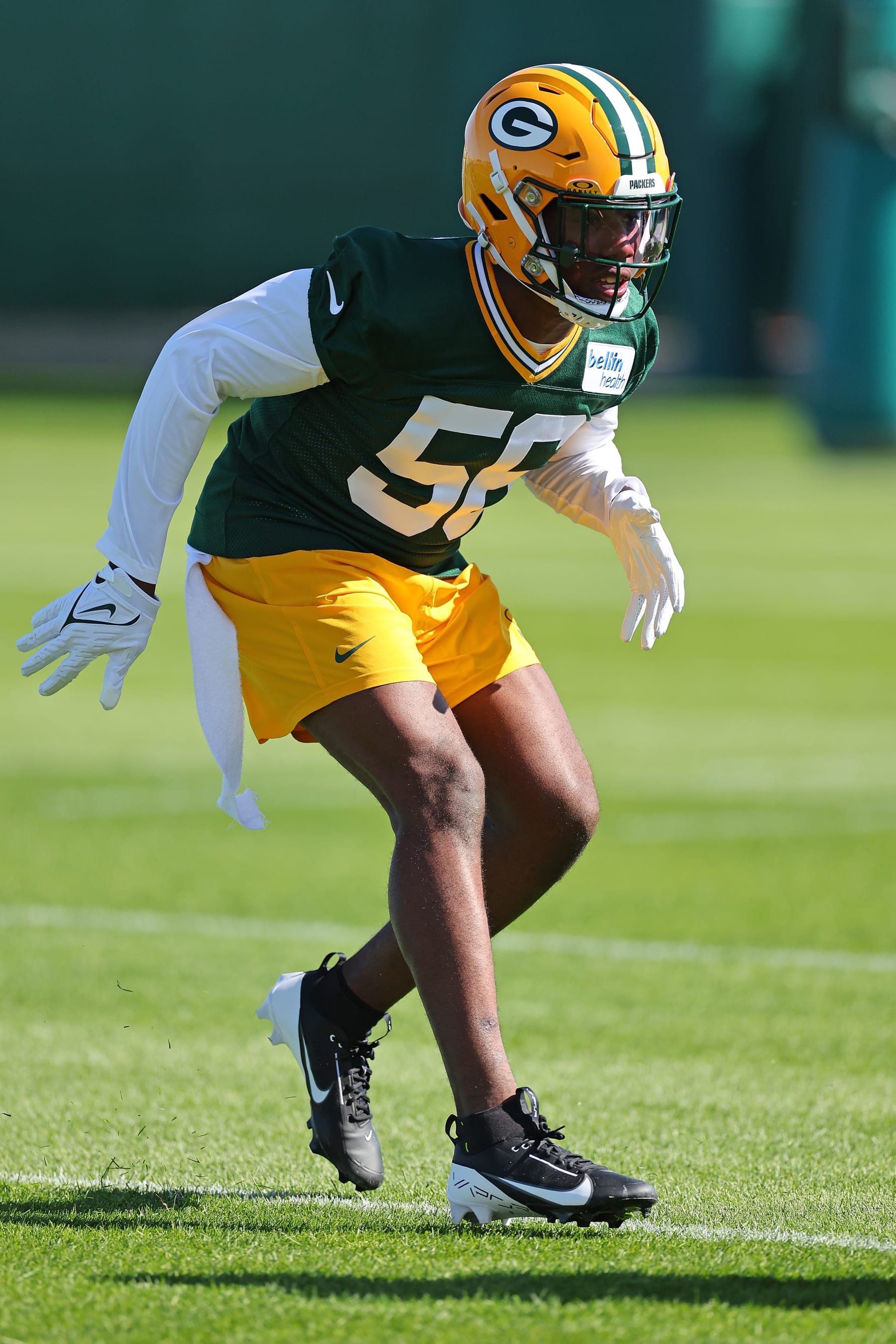 GREEN BAY, WISCONSIN - MAY 03: Edgerrin Cooper #56 of the Green Bay Packers participates in drills during the rookie minicamp at Ray Nitschke Field on May 03, 2024 in Green Bay, Wisconsin. (Photo by Stacy Revere/Getty Images)