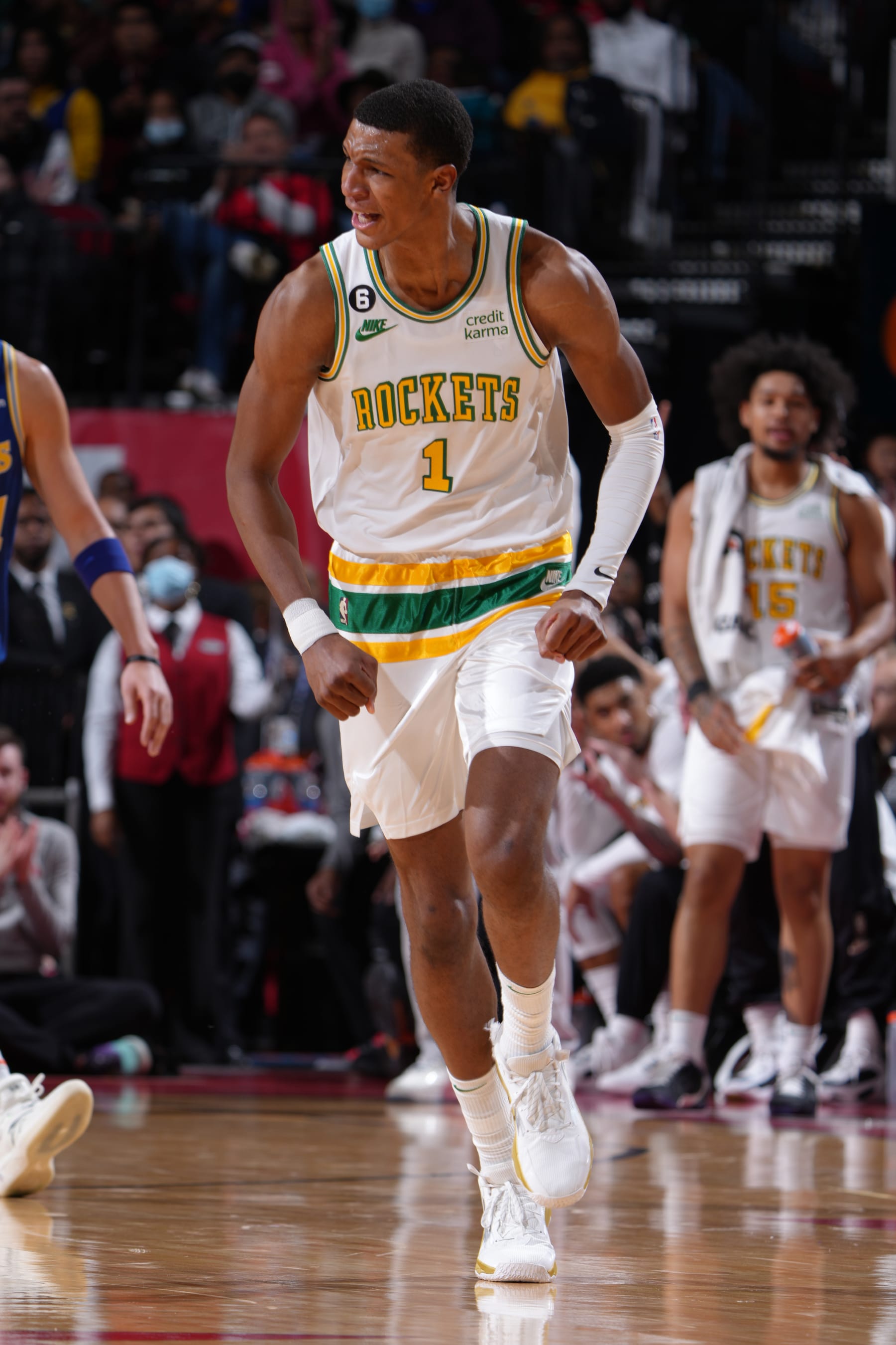 HOUSTON, TX - NOVEMBER 20: Jabari Smith Jr. #1 of the Houston Rockets celebrates during the game against the Golden State Warriors on November 20, 2022 at the Toyota Center in Houston, Texas. NOTE TO USER: User expressly acknowledges and agrees that, by downloading and or using this photograph, User is consenting to the terms and conditions of the Getty Images License Agreement. Mandatory Copyright Notice: Copyright 2022 NBAE (Photo by Garrett Ellwood/NBAE via Getty Images)