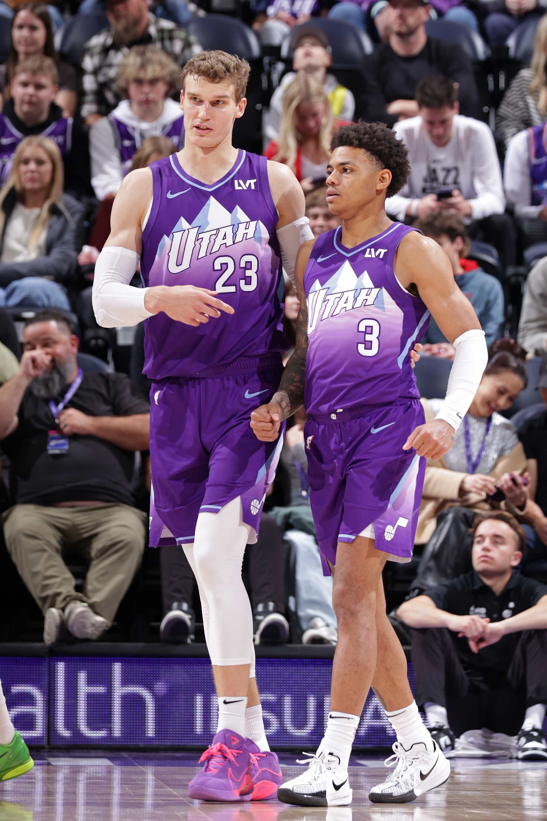 SALT LAKE CITY, UT - NOVEMBER 23: Lauri Markkanen #23 and Keyonte George #3 of the Utah Jazz look on during the game against the New York Knicks on November 23, 2024 at Delta Center in Salt Lake City, Utah. NOTE TO USER: User expressly acknowledges and agrees that, by downloading and or using this Photograph, User is consenting to the terms and conditions of the Getty Images License Agreement. Mandatory Copyright Notice: Copyright 2024 NBAE (Photo by Melissa Majchrzak/NBAE via Getty Images)