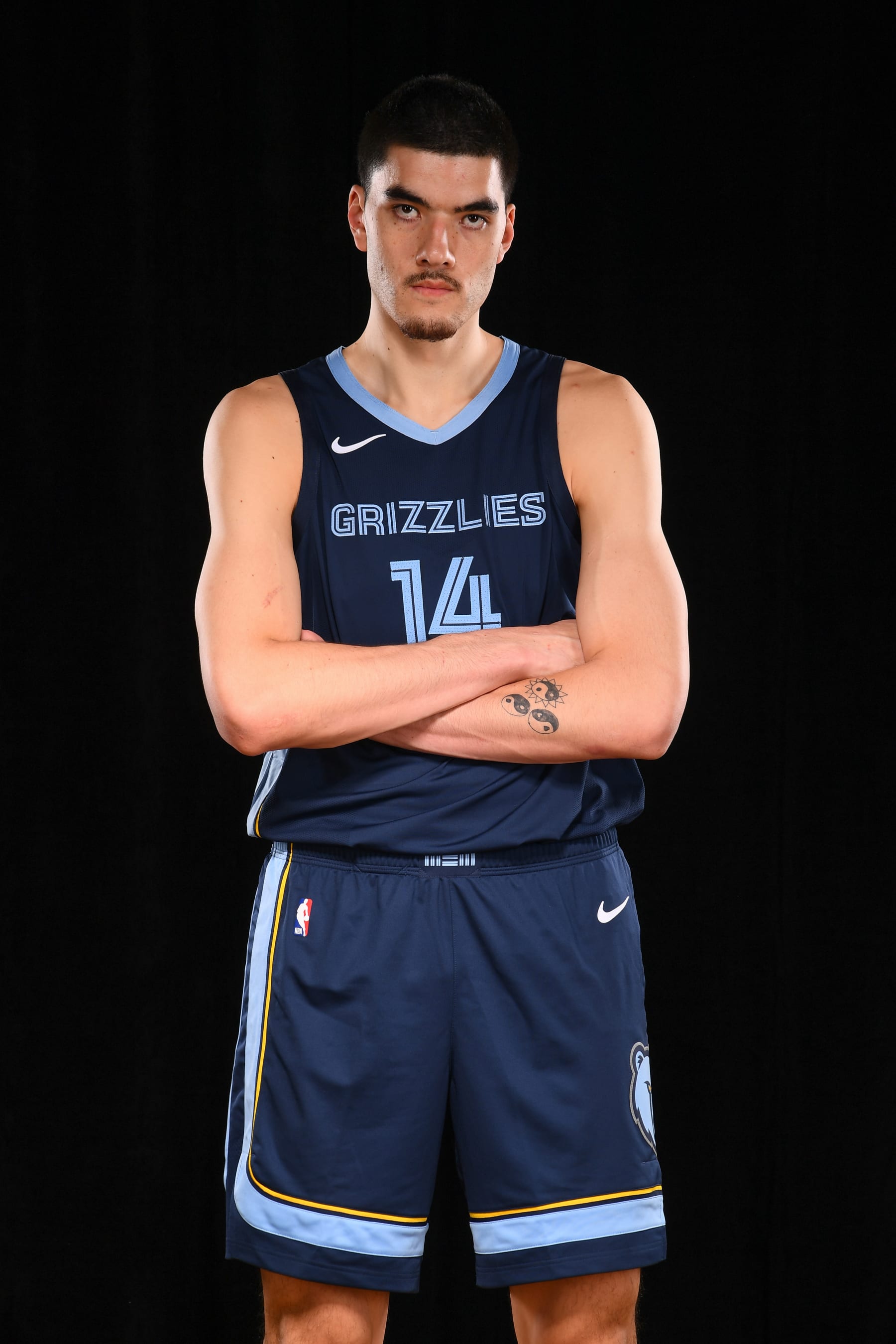 LAS VEGAS, NV - JULY 17:  Zach Edey #14 of the Memphis Grizzlies poses for a portrait during the 2024 NBA Rookie Photo Shoot on July 17, 2024 at the University of Nevada, Las Vegas campus in Las Vegas, Nevada. NOTE TO USER: User expressly acknowledges and agrees that, by downloading and/or using this Photograph, user is consenting to the terms and conditions of the Getty Images License Agreement. Mandatory Copyright Notice: Copyright 2024 NBAE (Photo by Brian Babineau/NBAE via Getty Images)