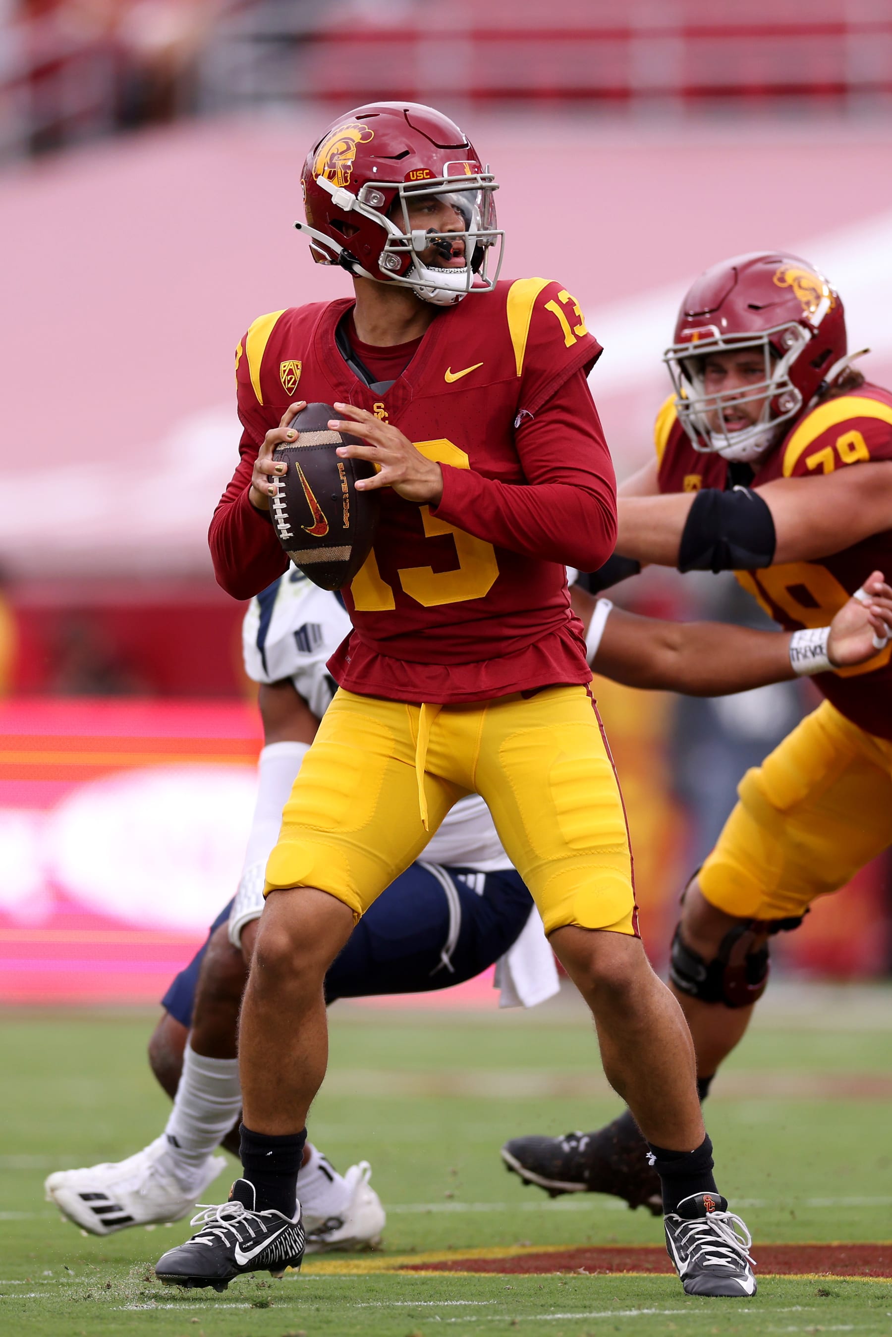LOS ANGELES, CALIFORNIA - SEPTEMBER 02: Caleb Williams #13 of the USC Trojans passes the ball during the first quarter against the Nevada Wolf Pack at United Airlines Field at the Los Angeles Memorial Coliseum on September 02, 2023 in Los Angeles, California. (Photo by Katelyn Mulcahy/Getty Images)