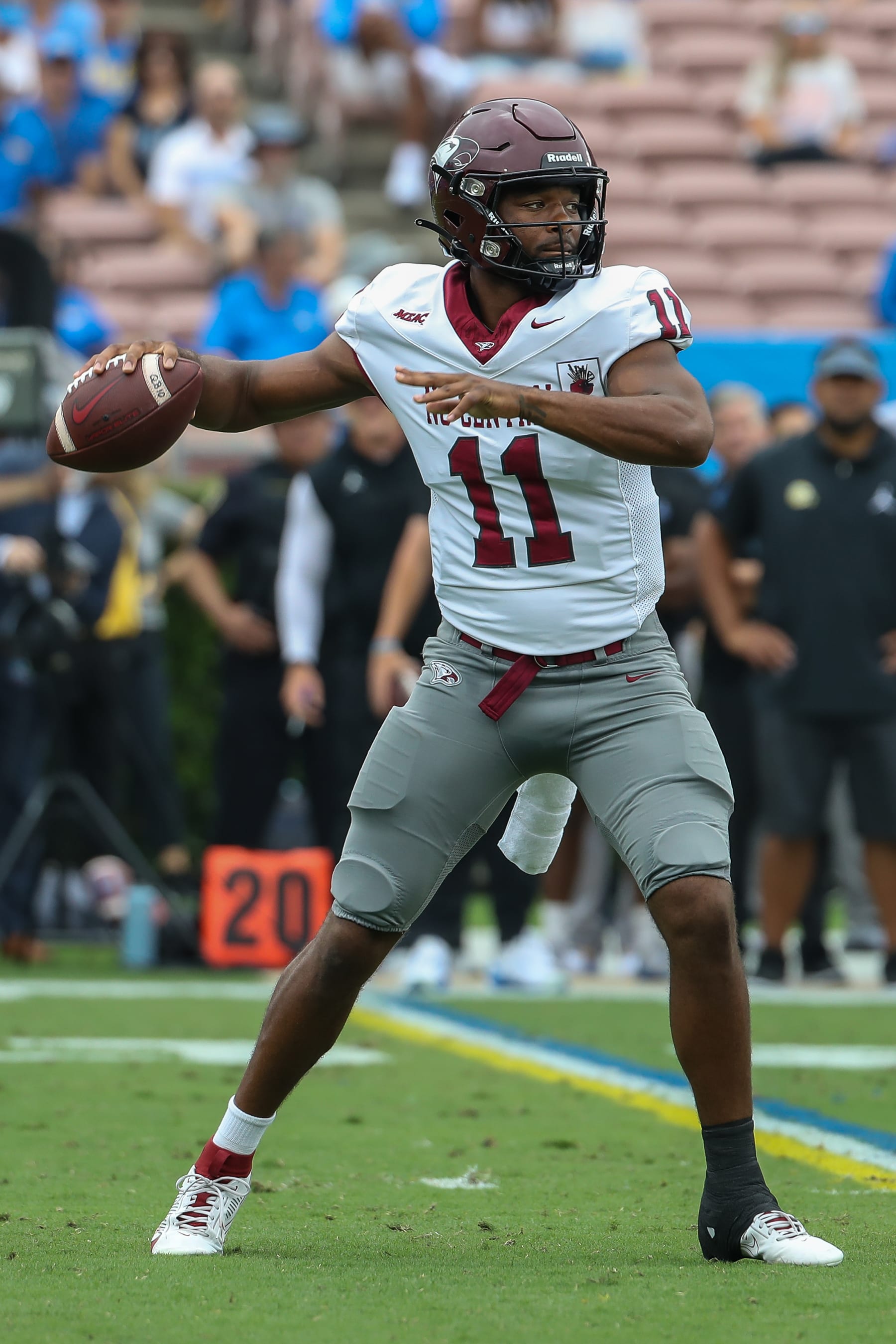 PASADENA, CA - SEPTEMBER 16: North Carolina Central Eagles quarterback Davius Richard #11 back to pass during a college football game between the North Carolina Central Eagles and the UCLA Bruins on September 16, 2023, at the Rose Bowl in Pasadena, CA.(Photo by Jevone Moore/Icon Sportswire via Getty Images)