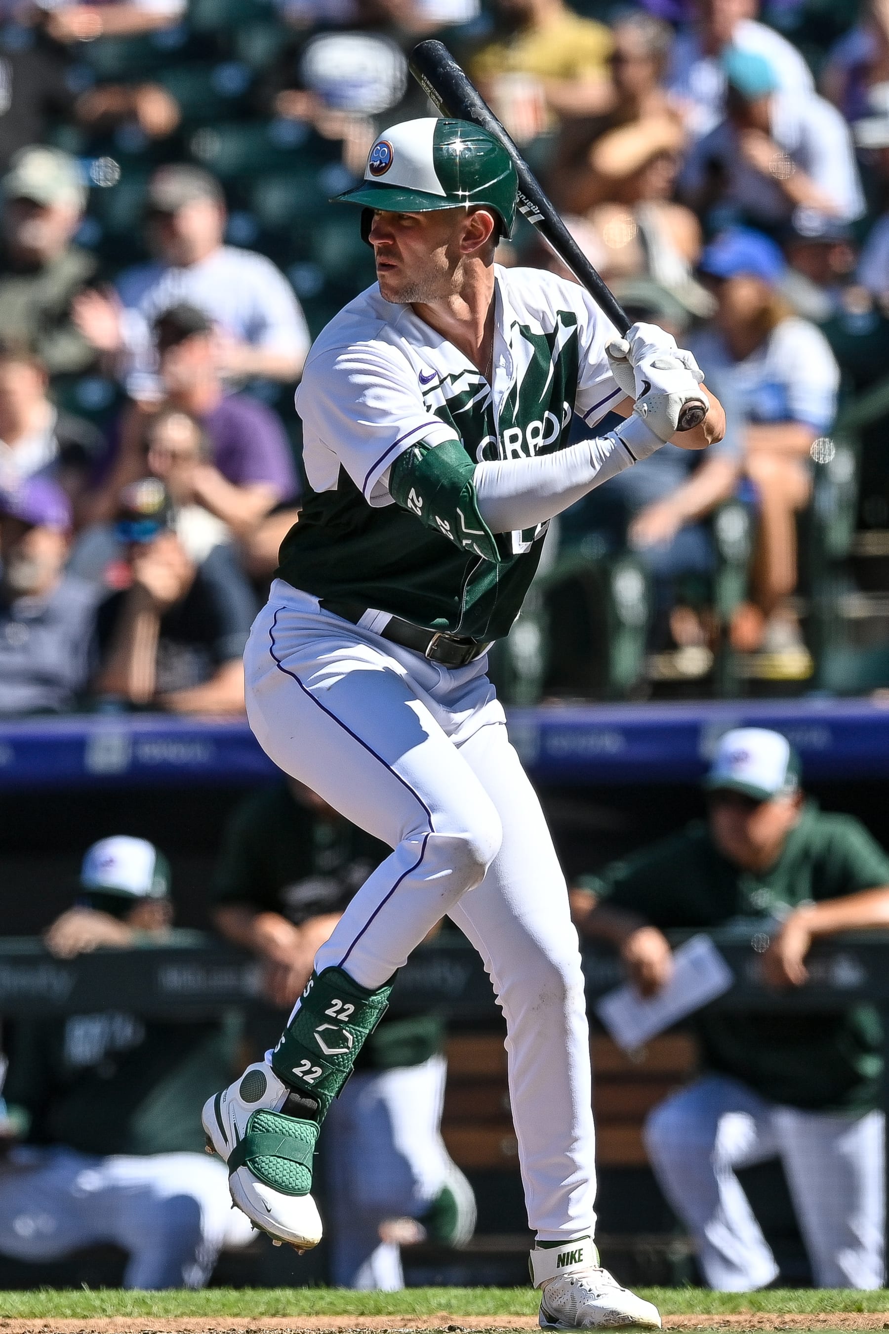 DENVER, CO - SEPTEMBER 13: Nolan Jones #22 of the Colorado Rockies bats in the fifth inning against the Chicago Cubs at Coors Field on September 13, 2023 in Denver, Colorado. (Photo by Dustin Bradford/Getty Images)