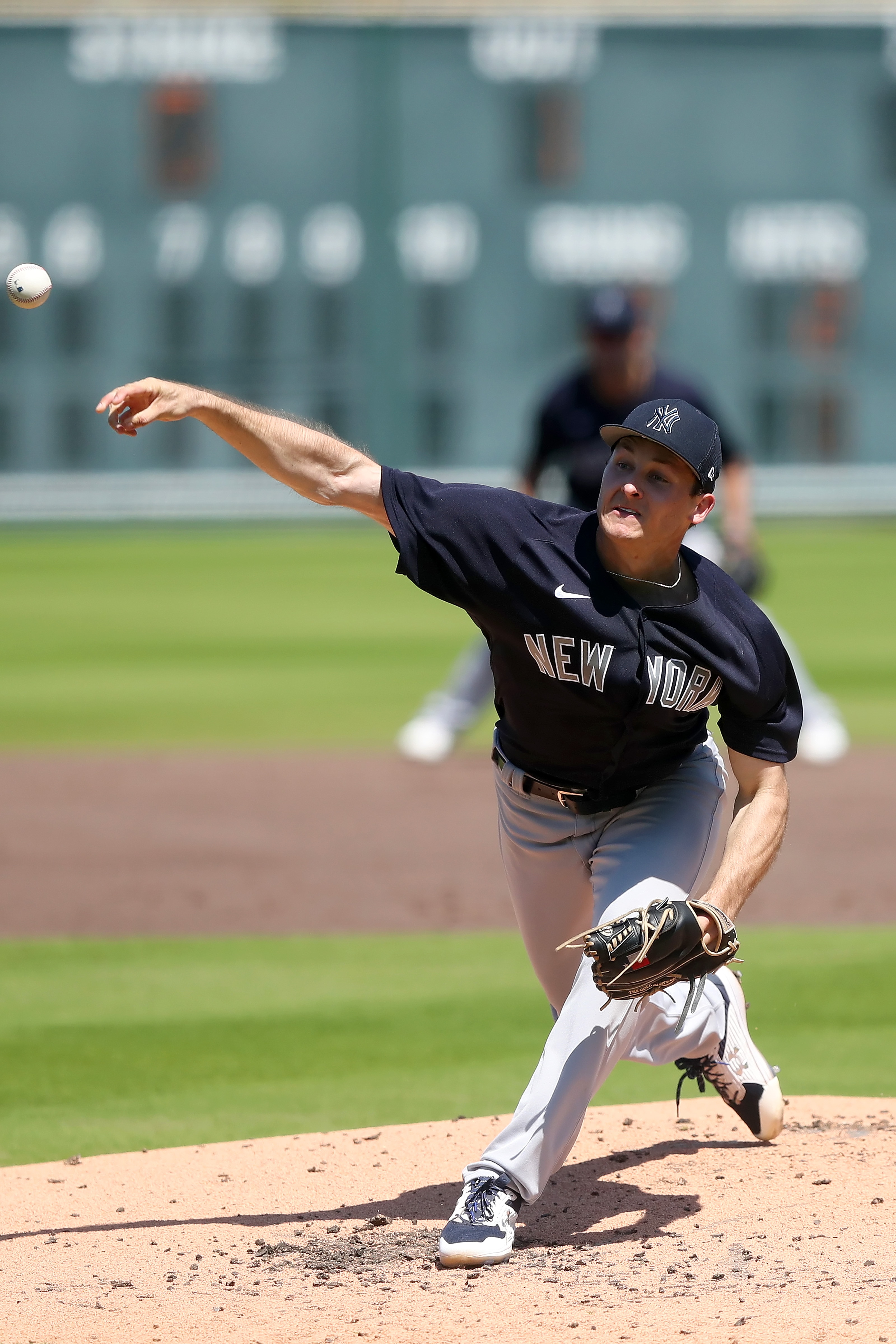 BRADENTON, FL - MARCH 18: New York Yankees Pitcher Hayden Wesneski (19) delivers a pitch to the plate during the spring training game between the New York Yankees and the Pittsburgh Pirates on March 18, 2022, at LECOM Park in Bradenton, FL. (Photo by Cliff Welch/Icon Sportswire via Getty Images)