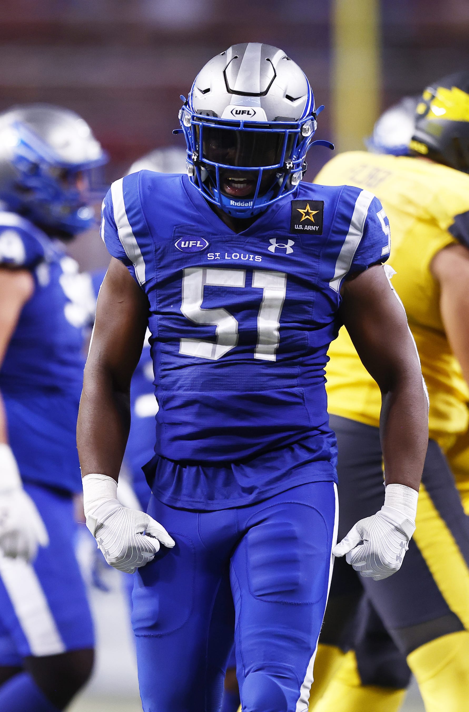 ST. LOUIS, MO - JUNE 01: St Louis Battlehawks linebacker Willie Harvey (51) reacts after making the stop during a UFL game between the San Antonio Brahmas and the St Louis Battlehawks on June 01, 2024 at The Dome at America's Center in St. Louis, MO. (Photo by Jeffrey Brown/Icon Sportswire via Getty Images)