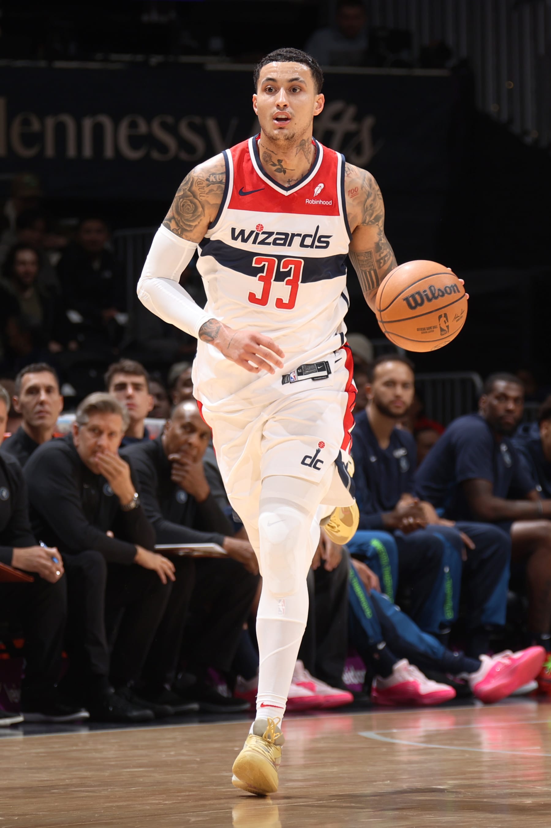 WASHINGTON, DC -  JANUARY 24: Kyle Kuzma #33 of the Washington Wizards dribbles the ball during the game against the Minnesota Timberwolves on January 24, 2024 at Capital One Arena in Washington, DC. NOTE TO USER: User expressly acknowledges and agrees that, by downloading and or using this Photograph, user is consenting to the terms and conditions of the Getty Images License Agreement. Mandatory Copyright Notice: Copyright 2024 NBAE (Photo by Stephen Gosling/NBAE via Getty Images)
