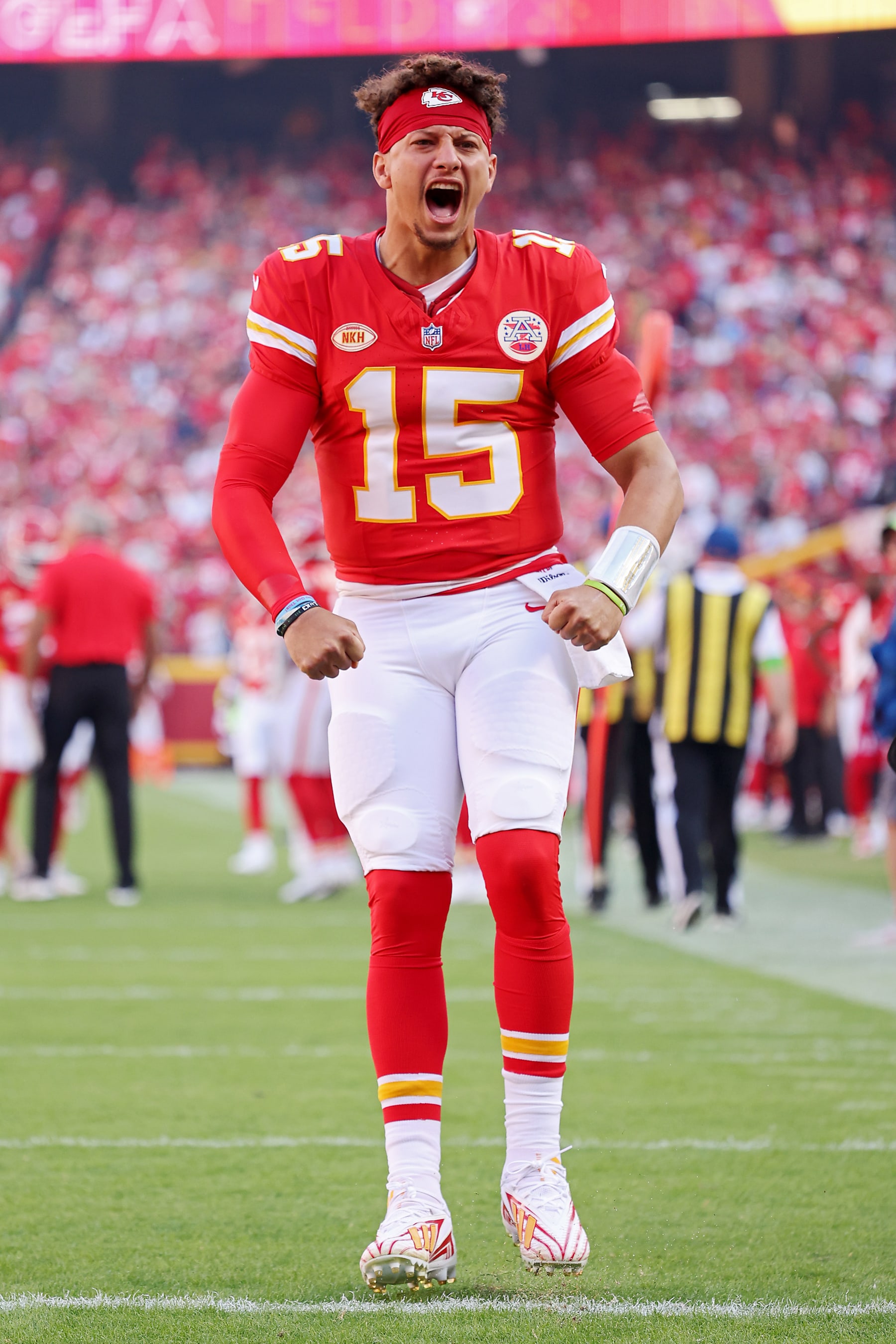 KANSAS CITY, MISSOURI - OCTOBER 22: Patrick Mahomes #15 of the Kansas City Chiefs reacts before the game against the Los Angeles Chargers at GEHA Field at Arrowhead Stadium on October 22, 2023 in Kansas City, Missouri. (Photo by Jamie Squire/Getty Images)