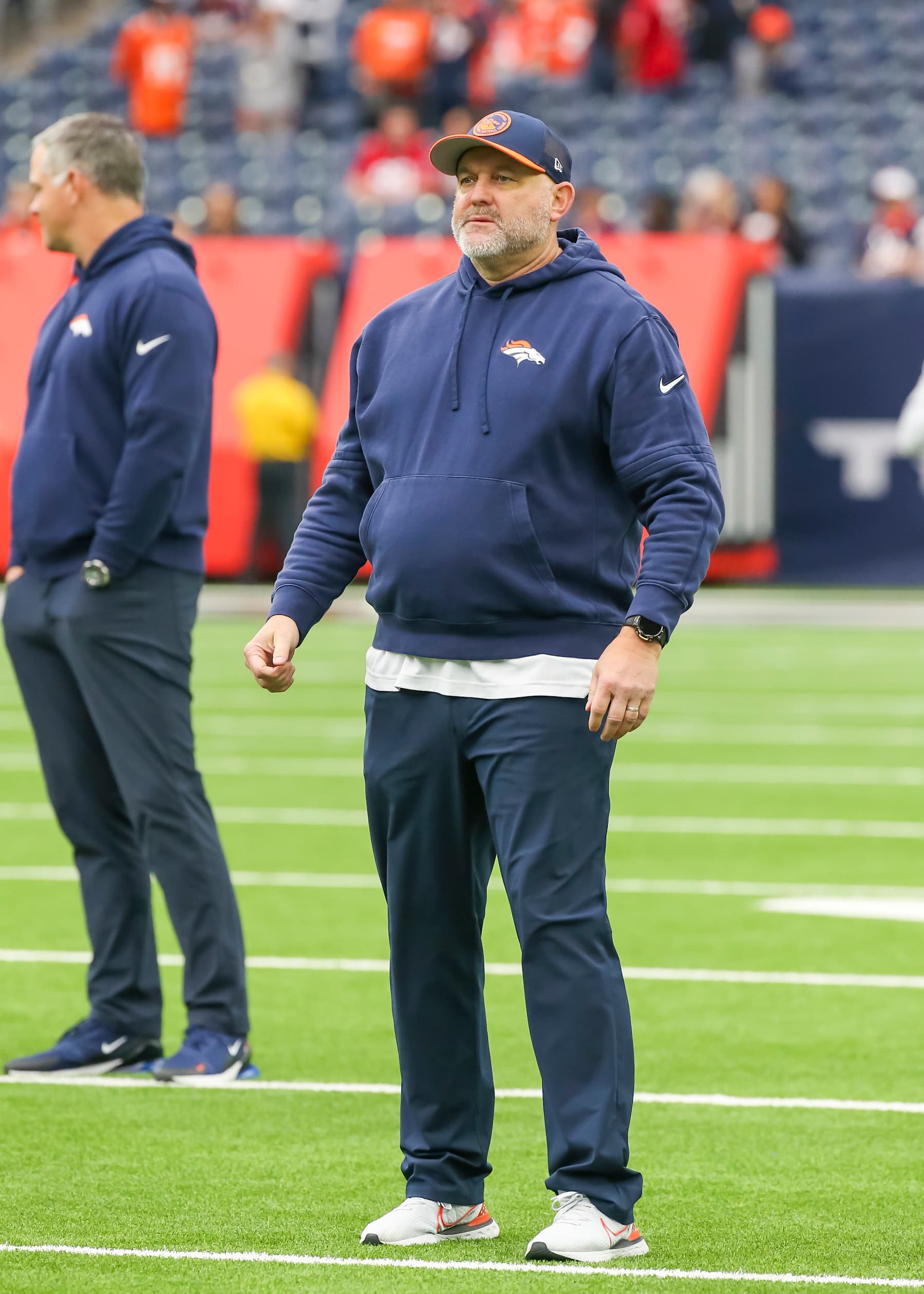 HOUSTON, TX - DECEMBER 03:  Denver Broncos pass game coordinator John Morton oversees practice during the football game between Denver Broncos and Houston Texans at NRG Stadium on December 3, 2023 in Houston, Texas.  (Photo by Leslie Plaza Johnson/Icon Sportswire via Getty Images)