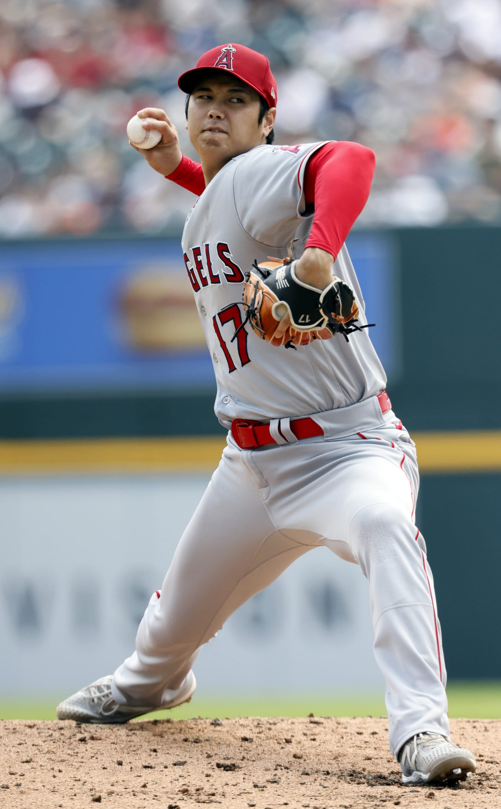 DETROIT, MI - JULY 27:  Shohei Ohtani #17 of the Los Angeles Angels pitches against the Detroit Tigers during the second inning of game one of a doubleheader at Comerica Park on July 27, 2023 in Detroit, Michigan. (Photo by Duane Burleson/Getty Images)