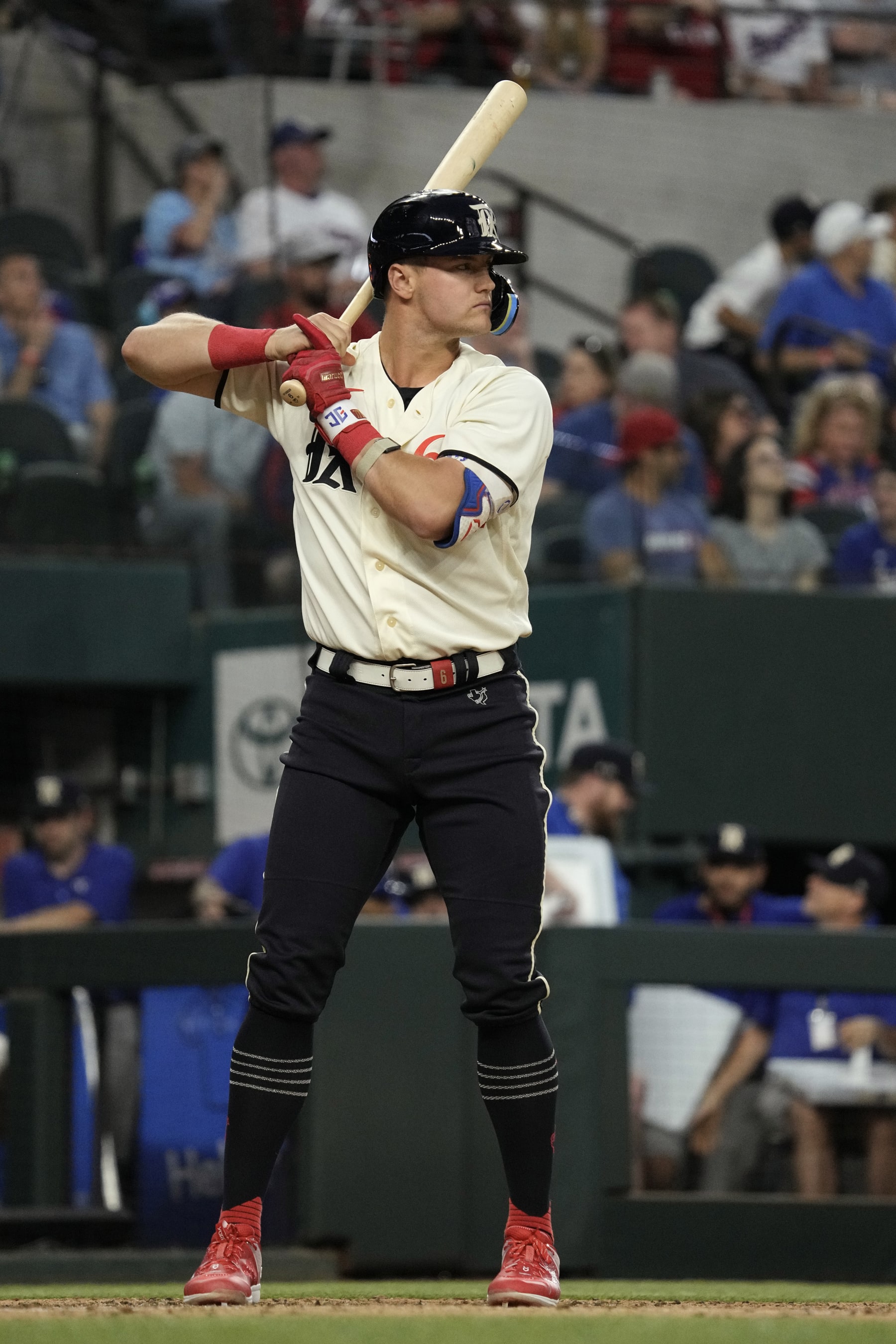 ARLINGTON, TEXAS - APRIL 21: Josh Jung #6 of the Texas Rangers waits for a pitch during the game against the Oakland Athletics at Globe Life Field on April 21, 2023 in Arlington, Texas. (Photo by Sam Hodde/Getty Images)