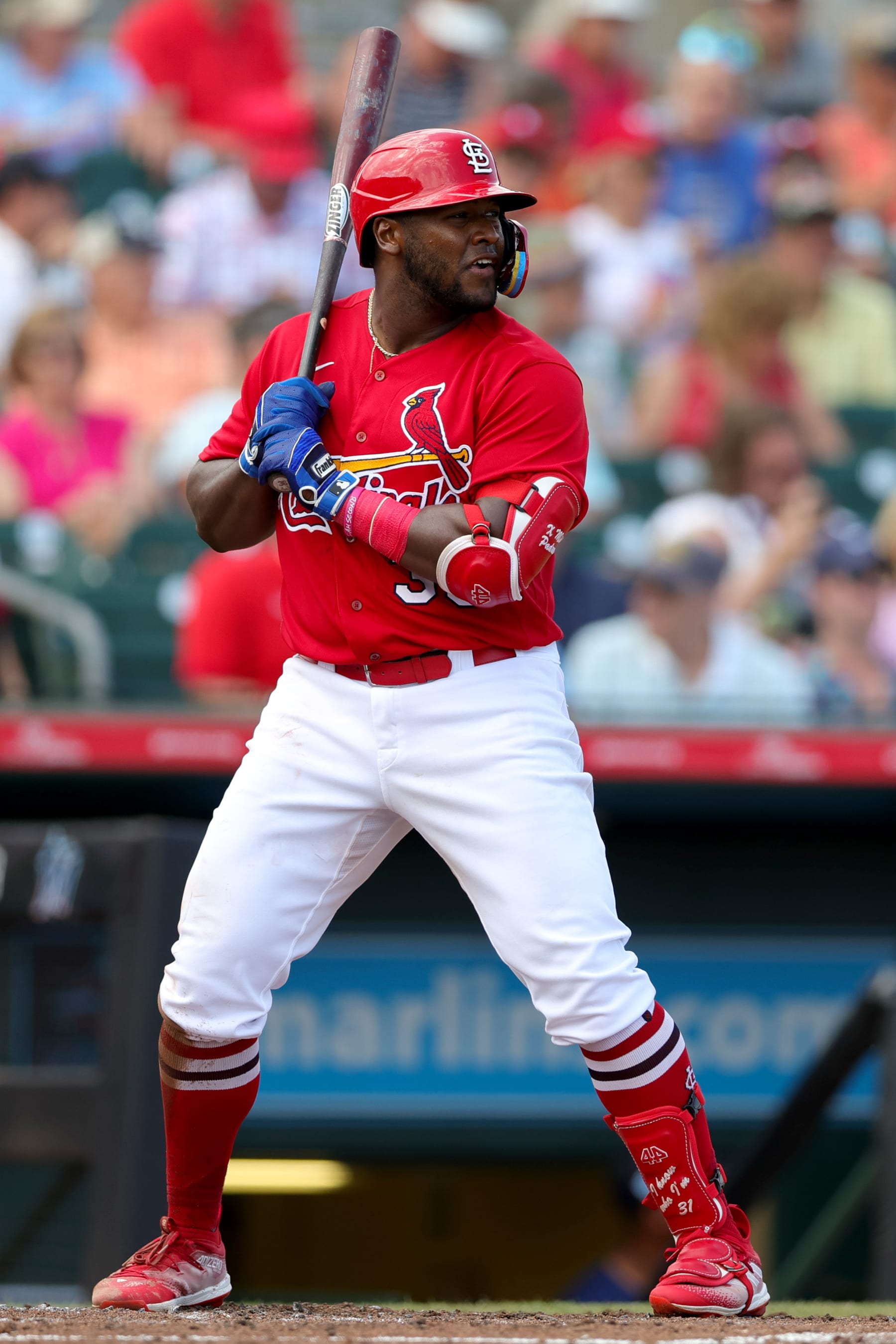 JUPITER, FLORIDA - MARCH 06: Moises Gomez #36 of the St. Louis Cardinals at bat against the Houston Astros during the third inning of the game at Roger Dean Stadium on March 06, 2023 in Jupiter, Florida. (Photo by Megan Briggs/Getty Images)