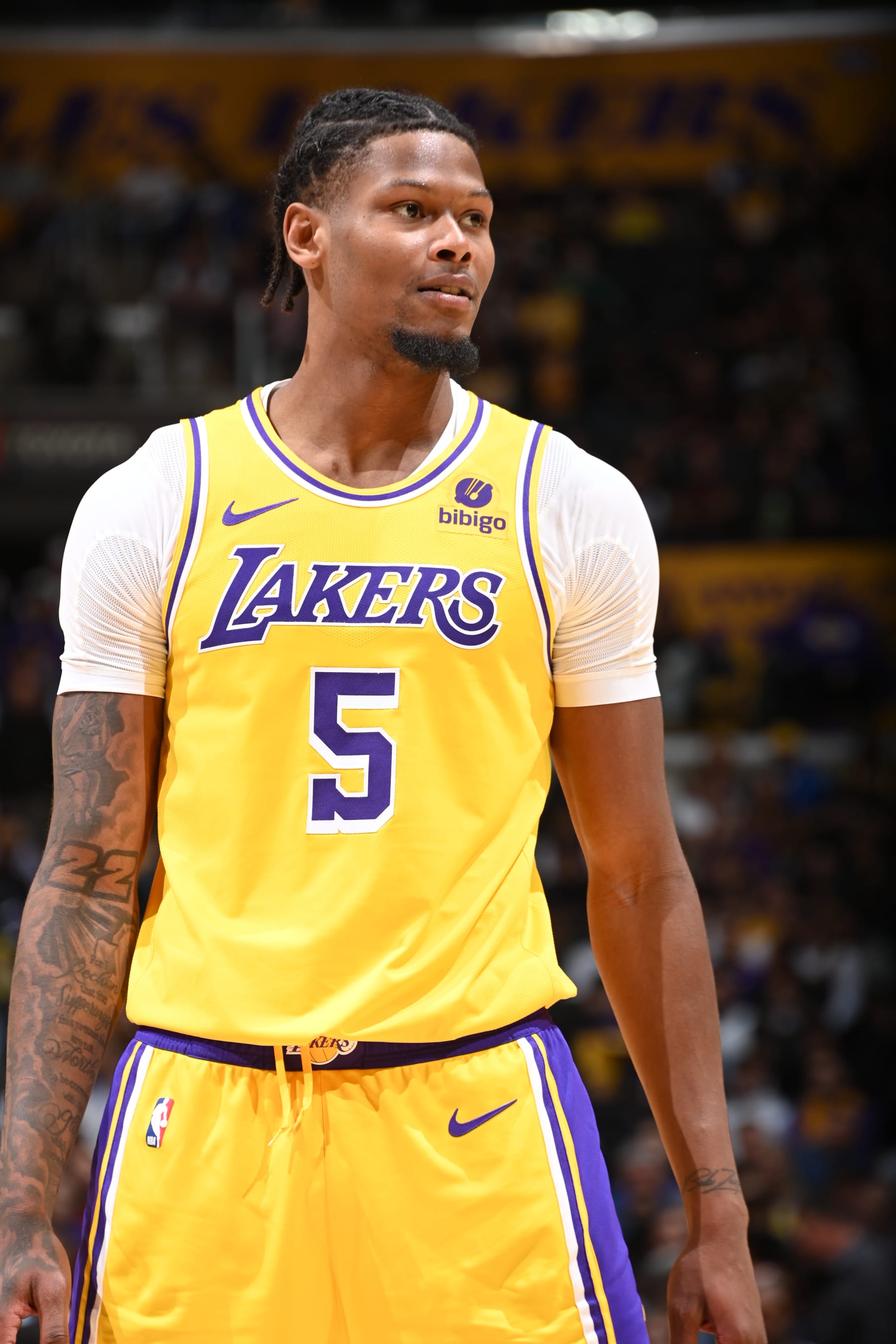 LOS ANGELES, CA - NOVEMBER 1: Cam Reddish #5 of the Los Angeles Lakers looks on during the game against the LA Clippers on November 1, 2023 at Crypto.Com Arena in Los Angeles, California. NOTE TO USER: User expressly acknowledges and agrees that, by downloading and/or using this Photograph, user is consenting to the terms and conditions of the Getty Images License Agreement. Mandatory Copyright Notice: Copyright 2023 NBAE (Photo by Andrew D. Bernstein/NBAE via Getty Images)