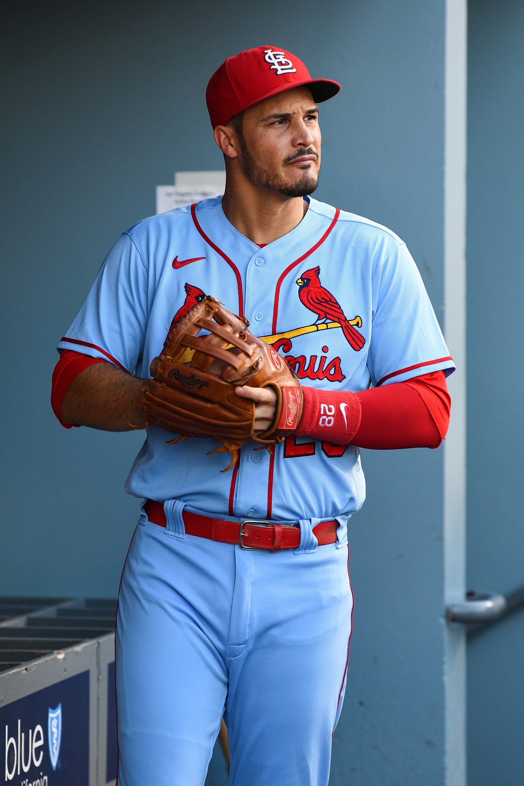 LOS ANGELES, CA - SEPTEMBER 24: St. Louis Cardinals third baseman Nolan Arenado (28) looks on in the dugout during the MLB game between the St. Louis Cardinals and the Los Angeles Dodgers on September 24, 2022 at Dodger Stadium in Los Angeles, CA. (Photo by Brian Rothmuller/Icon Sportswire via Getty Images)