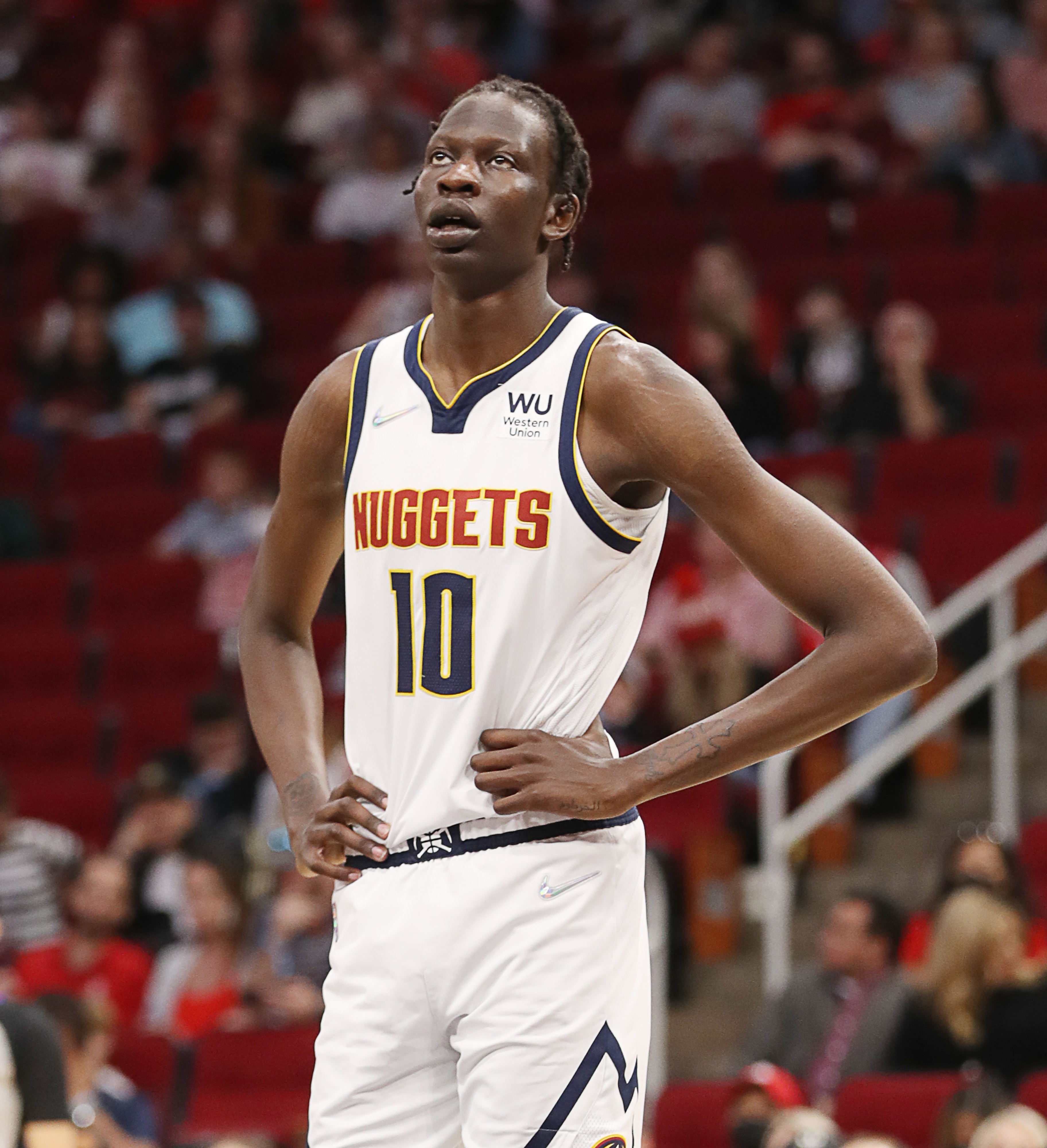 HOUSTON, TEXAS - JANUARY 01: Bol Bol #10 of the Denver Nuggets against the Houston Rockets at Toyota Center on January 01, 2022 in Houston, Texas. NOTE TO USER: User expressly acknowledges and agrees that, by downloading and or using this photograph, User is consenting to the terms and conditions of the Getty Images License Agreement. (Photo by Bob Levey/Getty Images)