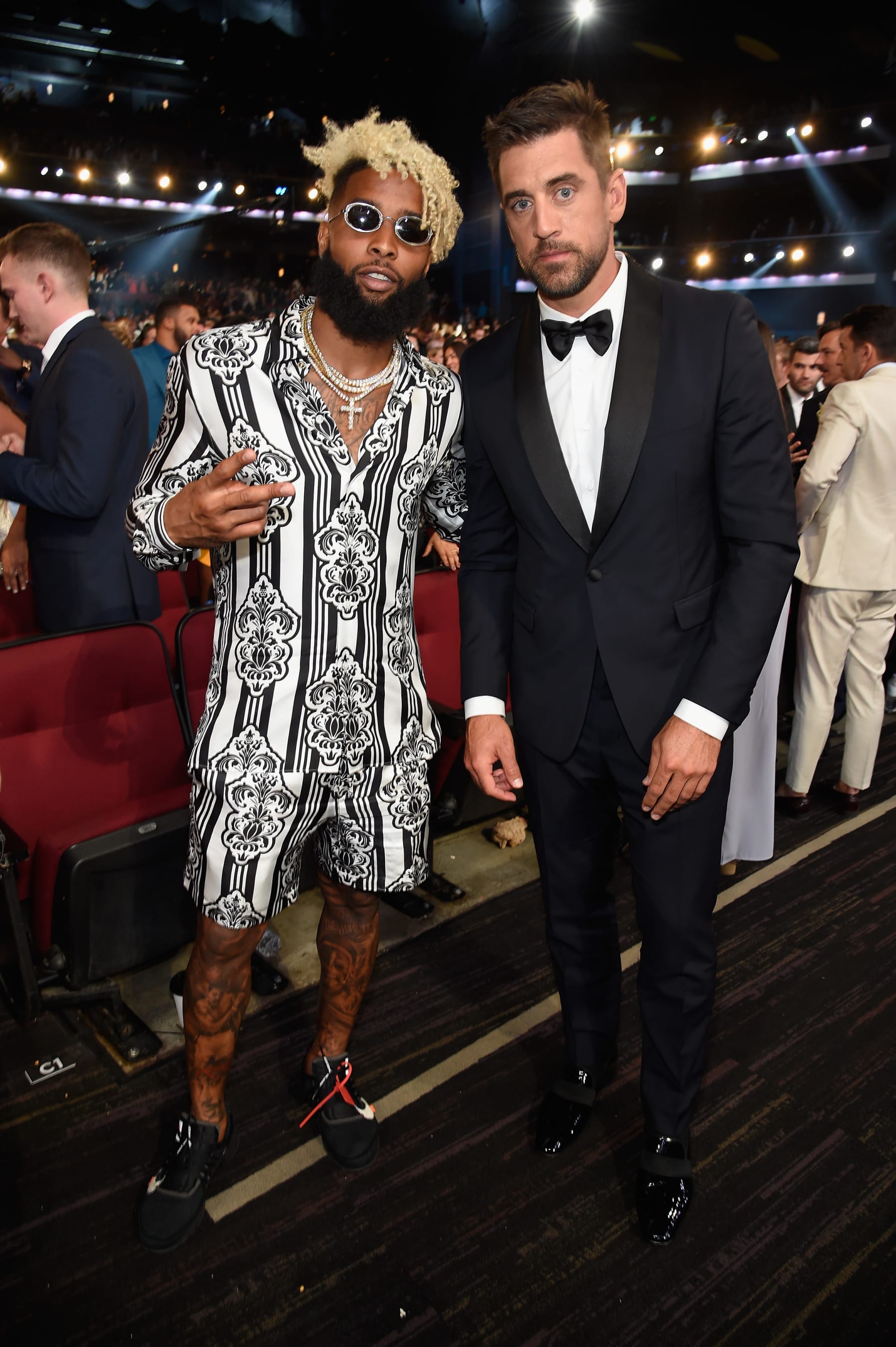 LOS ANGELES, CA - JULY 18:  NFL players Odell Beckham Jr. and Aaron Rodgers attend The 2018 ESPYS at Microsoft Theater on July 18, 2018 in Los Angeles, California.  (Photo by Kevin Mazur/Getty Images)