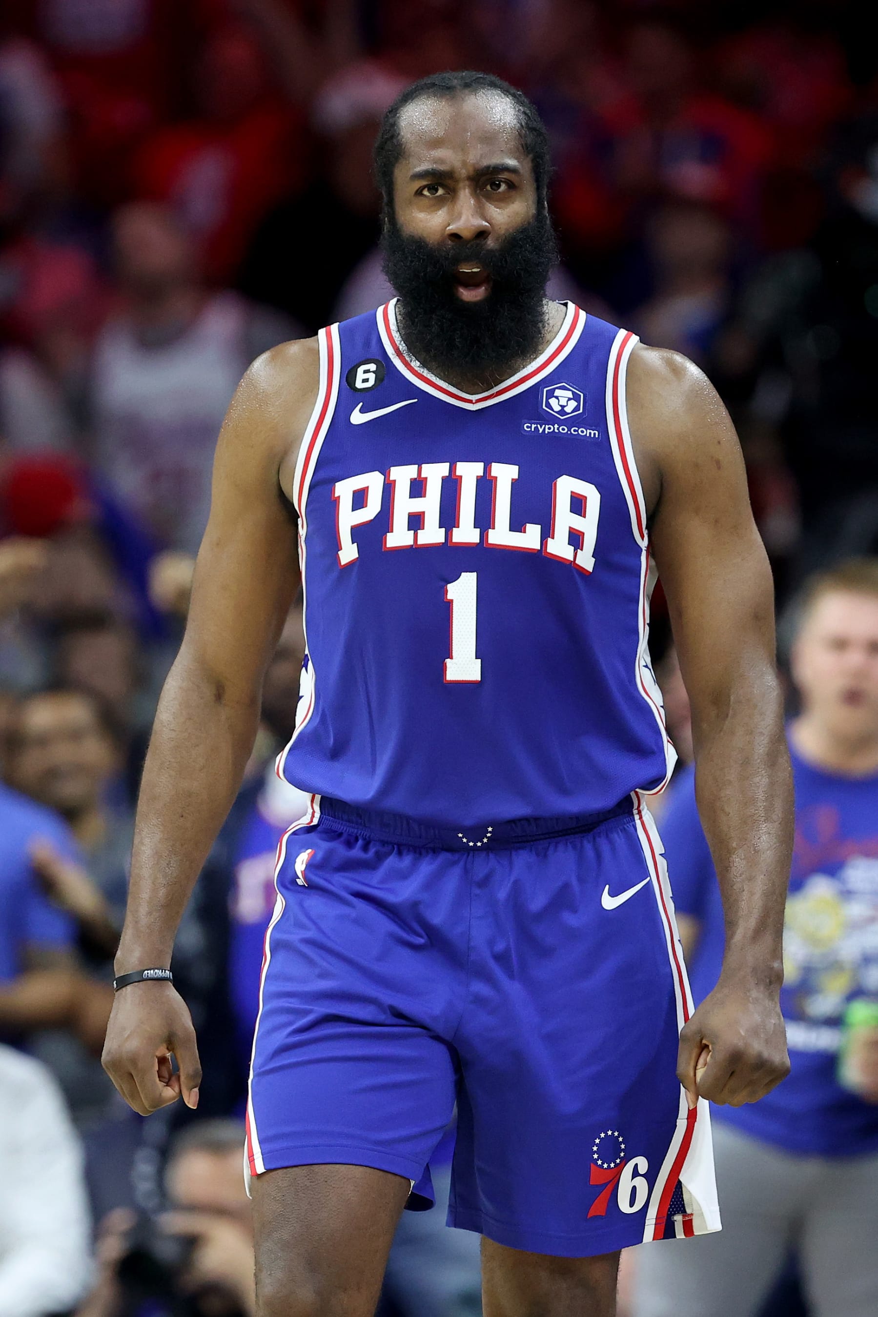 PHILADELPHIA, PENNSYLVANIA - MAY 11: James Harden #1 of the Philadelphia 76ers celebrates a basket against the Boston Celtics during the third quarter in game six of the Eastern Conference Semifinals in the 2023 NBA Playoffs at Wells Fargo Center on May 11, 2023 in Philadelphia, Pennsylvania. NOTE TO USER: User expressly acknowledges and agrees that, by downloading and or using this photograph, User is consenting to the terms and conditions of the Getty Images License Agreement. (Photo by Tim Nwachukwu/Getty Images)