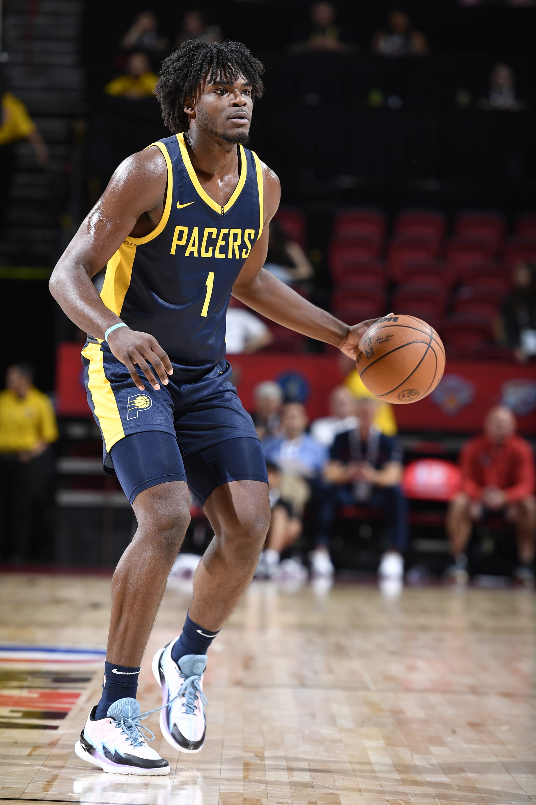 LAS VEGAS, NV - JULY 8: Jarace Walker #1 of the Indiana Pacers handles the ball during the 2023 NBA Las Vegas Summer League on July 8, 2023 at the Thomas & Mack Center in Las Vegas, Nevada. NOTE TO USER: User expressly acknowledges and agrees that, by downloading and or using this photograph, User is consenting to the terms and conditions of the Getty Images License Agreement. Mandatory Copyright Notice: Copyright 2023 NBAE (Photo by Logan Riely/NBAE via Getty Images)