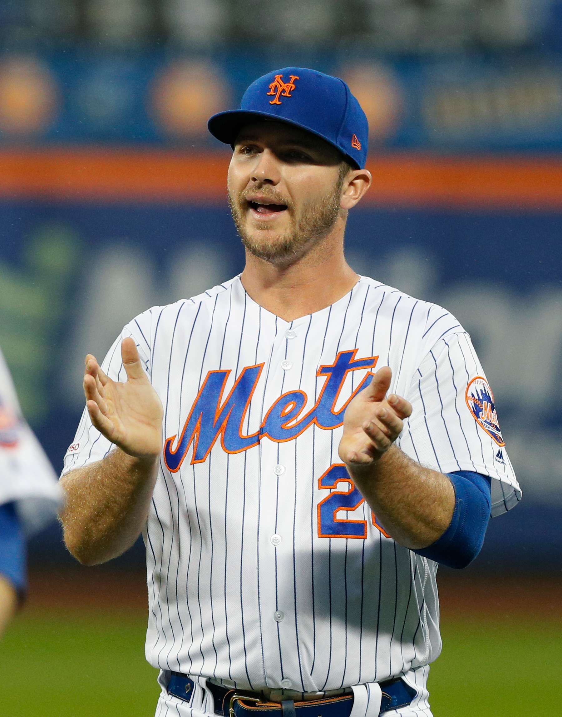 NEW YORK, NY - SEPTEMBER 6:  Pete Alonso #20 of the New York Mets claps his hands before an MLB baseball game against the Philadelphia Phillies on September 6, 2019 at Citi Field in the Queens borough of New York City. Mets won 5-4. (Photo by Paul Bereswill/Getty Images)