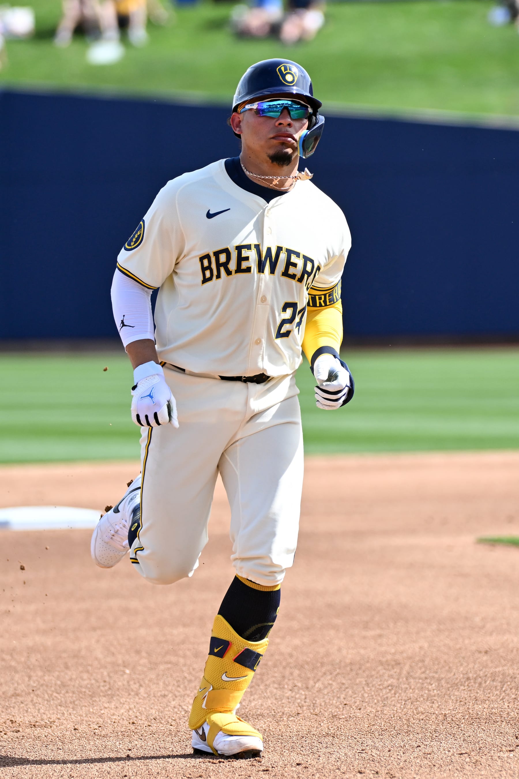 PHOENIX, ARIZONA - FEBRUARY 25, 2024: William Contreras #24 of the Milwaukee Brewers runs the bases after hitting a solo home run during the first inning of a spring training game against the Colorado Rockies at American Family Fields of Phoenix on February 25, 2024 in Phoenix, Arizona. (Photo by David Durochik/Diamond Images via Getty Images)