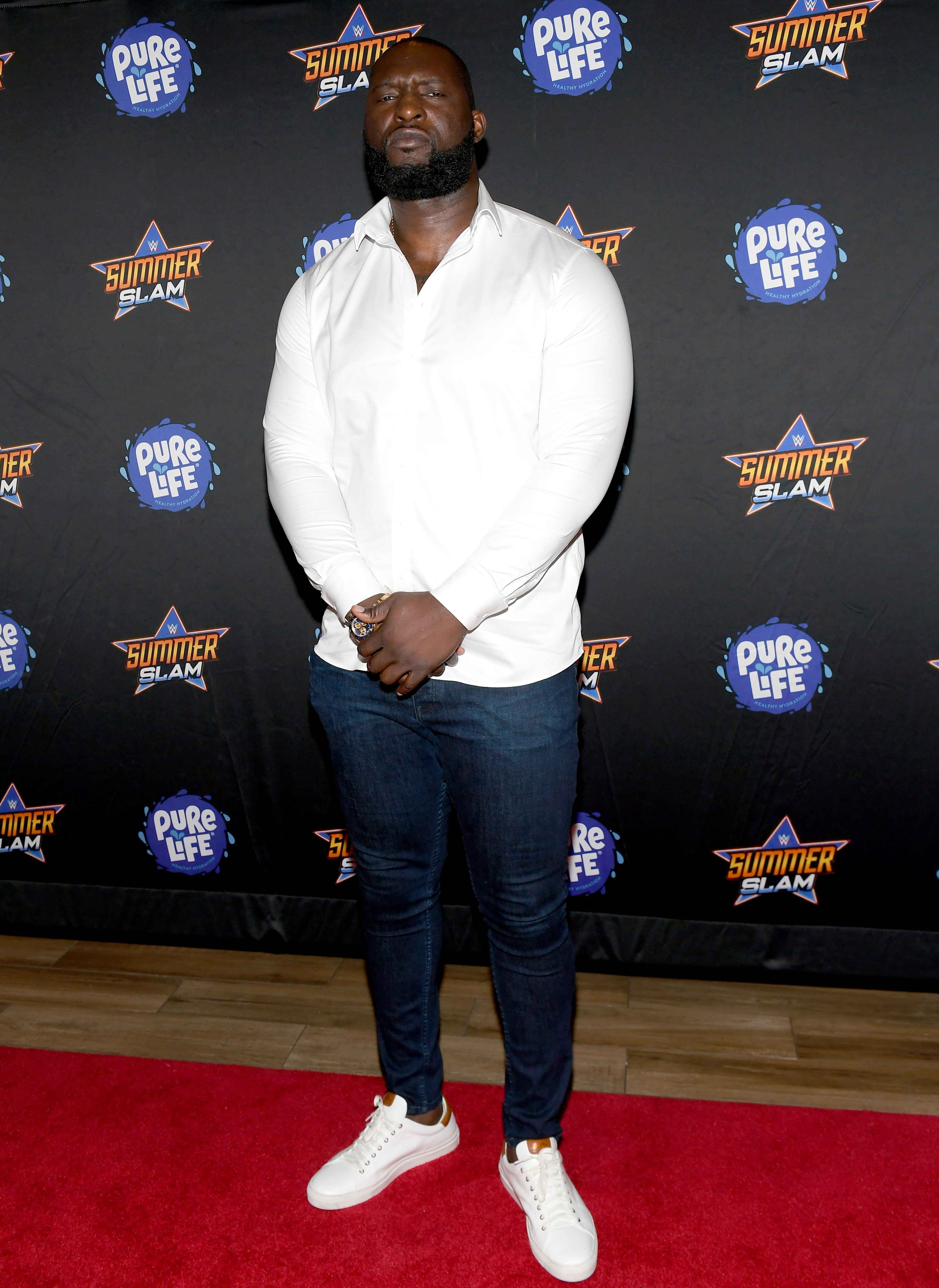 LAS VEGAS, NEVADA - AUGUST 21: Professional wrestler Jordan "Omos" Omogbehin attends the WWE SummerSlam after party at Delano Las Vegas at Mandalay Bay Resort and Casino on August 21, 2021 in Las Vegas, Nevada. (Photo by Bryan Steffy/Getty Images for WWE SummerSlam After Party)