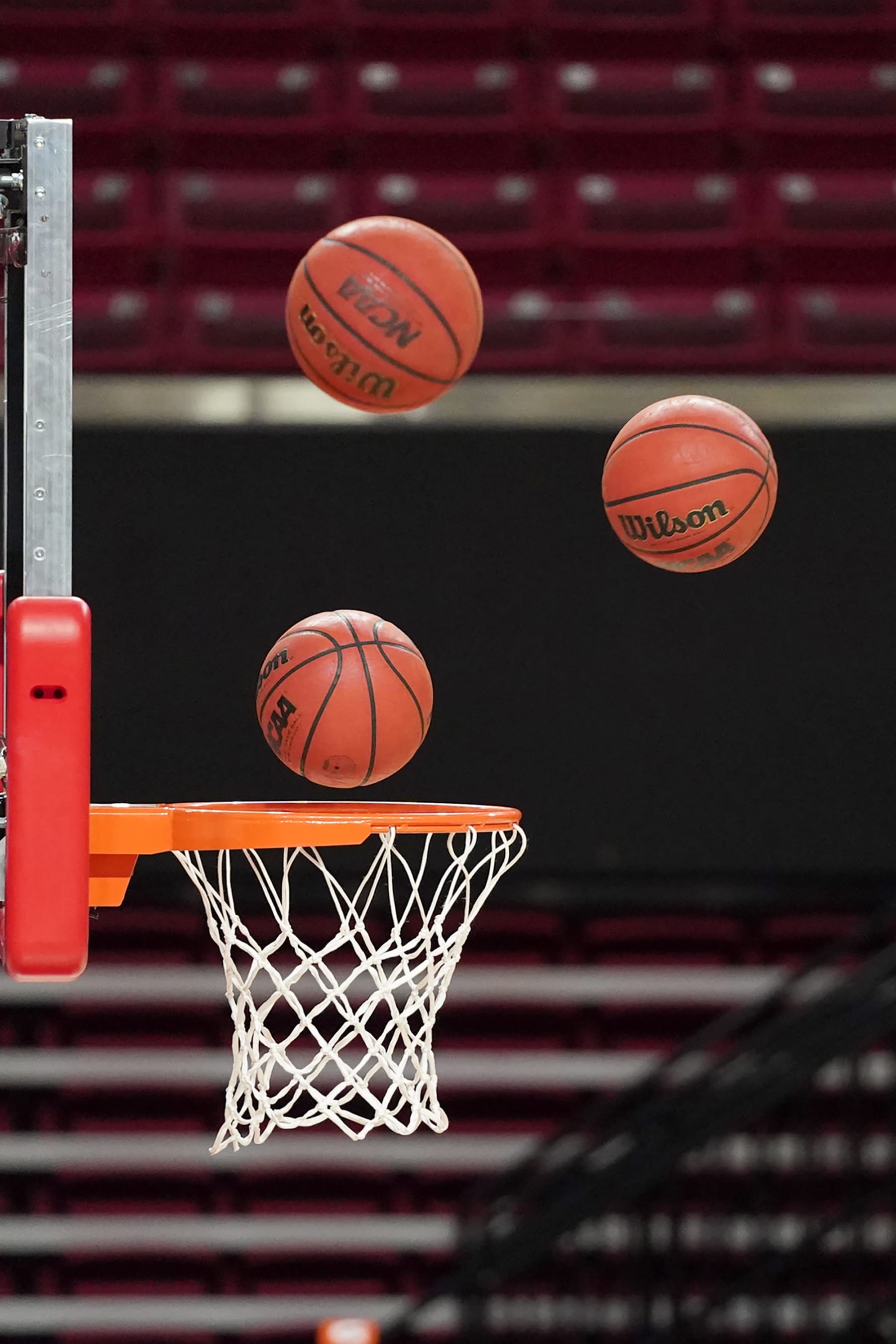 COLLEGE PARK, MD - NOVEMBER 29:  Basketballs being shot at the basket before during a college basketball game the Maryland Terrapins and the Mount St. Mary's Mountaineers on November 29, 2020 at the Xfinity Center in College Park, Maryland.  (Photo by Mitchell Layton/Getty Images)